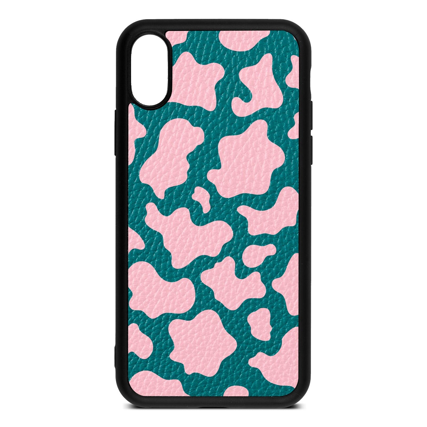 Pink Cow Print Green Pebble Leather iPhone Xs Case