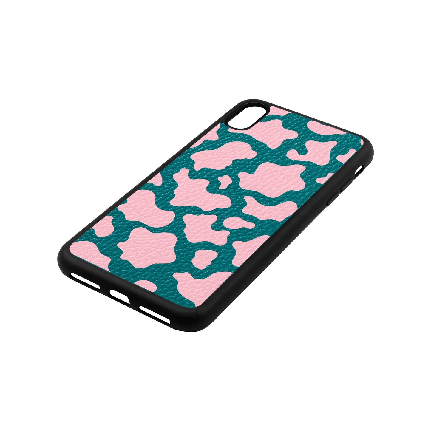 Pink Cow Print Green Pebble Leather iPhone Xs Max Case Side Angle