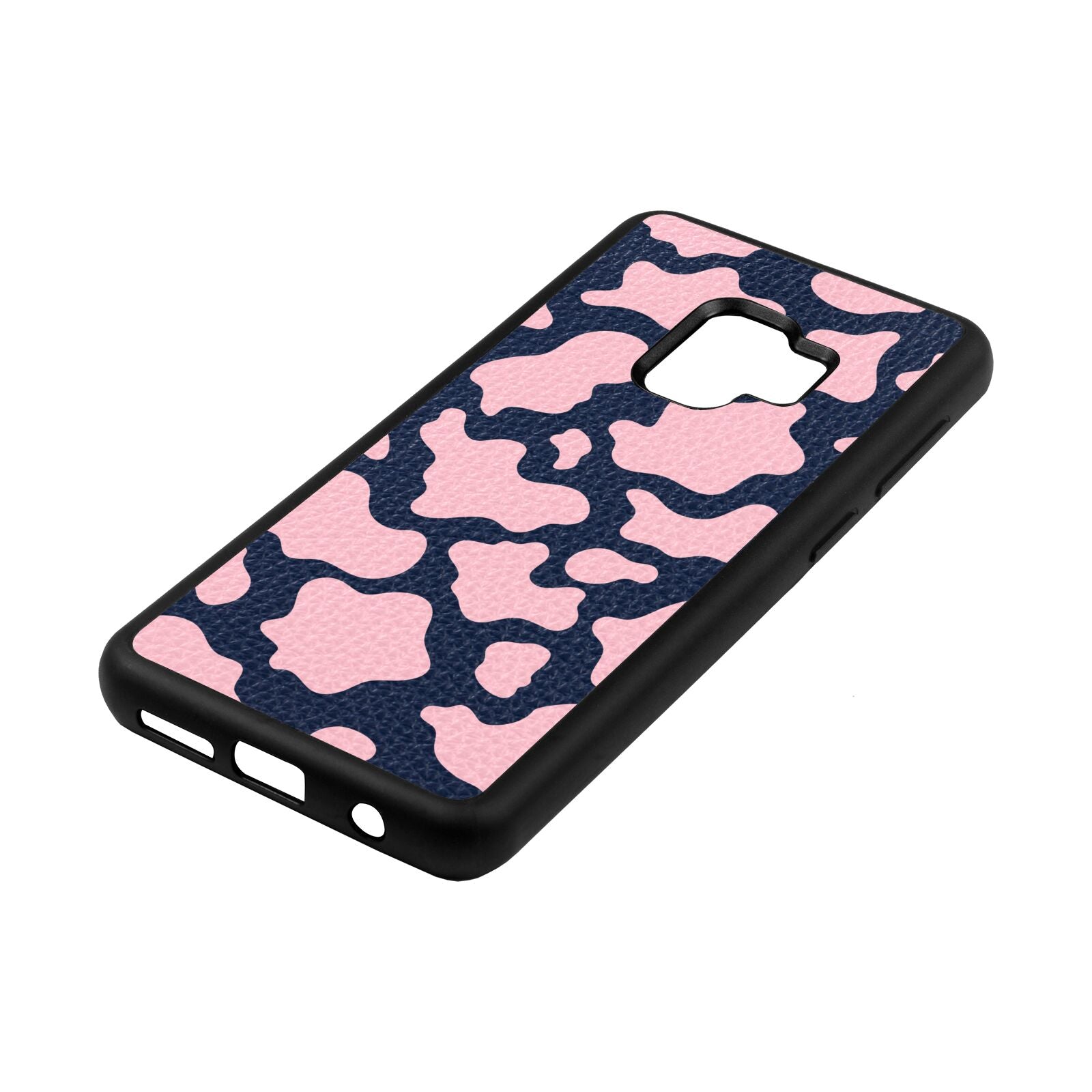 Pink Cow Print Navy Blue Pebble Leather Samsung S9 Case Side Angle