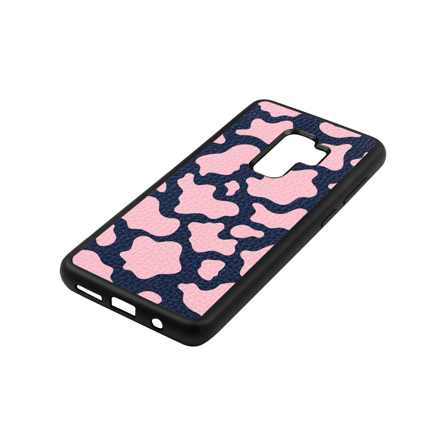 Pink Cow Print Navy Blue Pebble Leather Samsung S9 Plus Case Side Angle