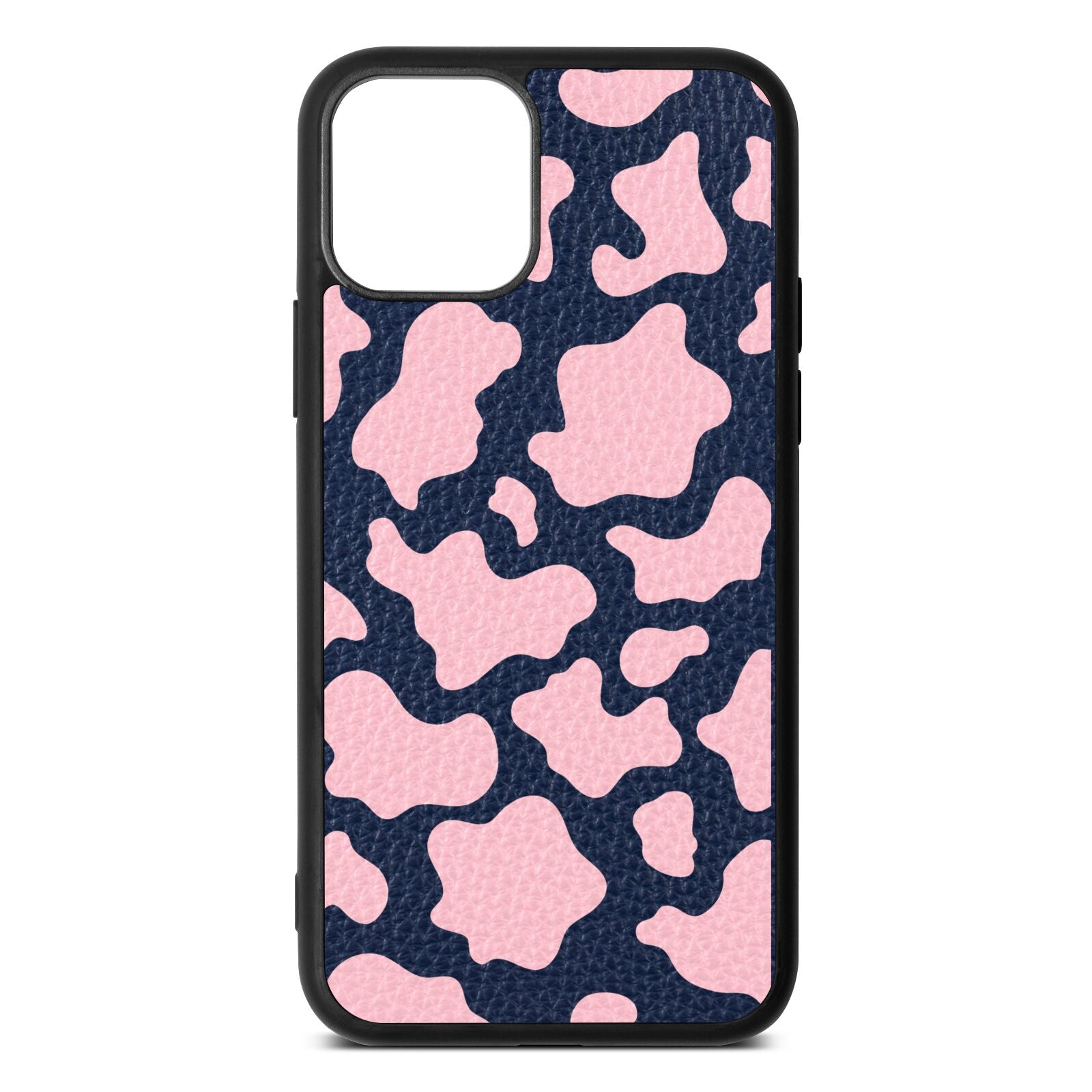 Pink Cow Print Navy Blue Pebble Leather iPhone 11 Case