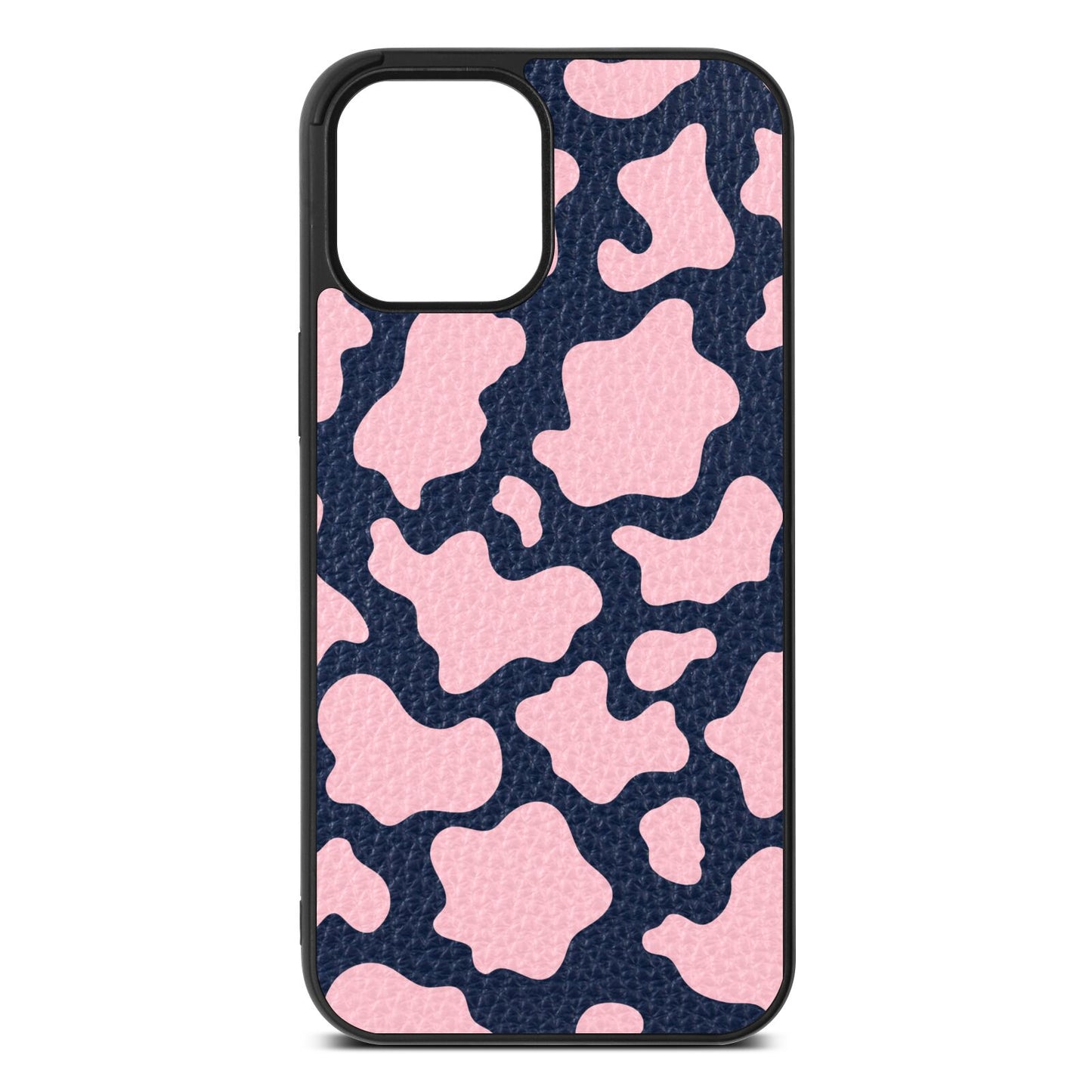 Pink Cow Print Navy Blue Pebble Leather iPhone 12 Pro Max Case