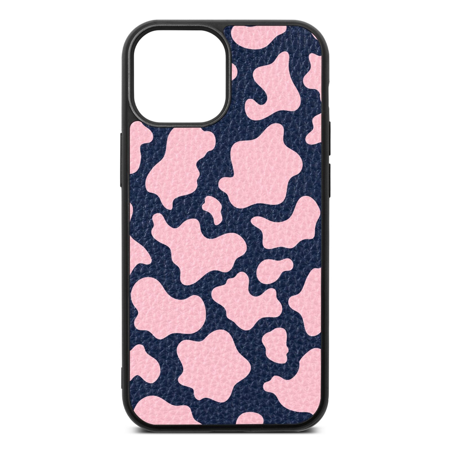 Pink Cow Print Navy Blue Pebble Leather iPhone 13 Mini Case