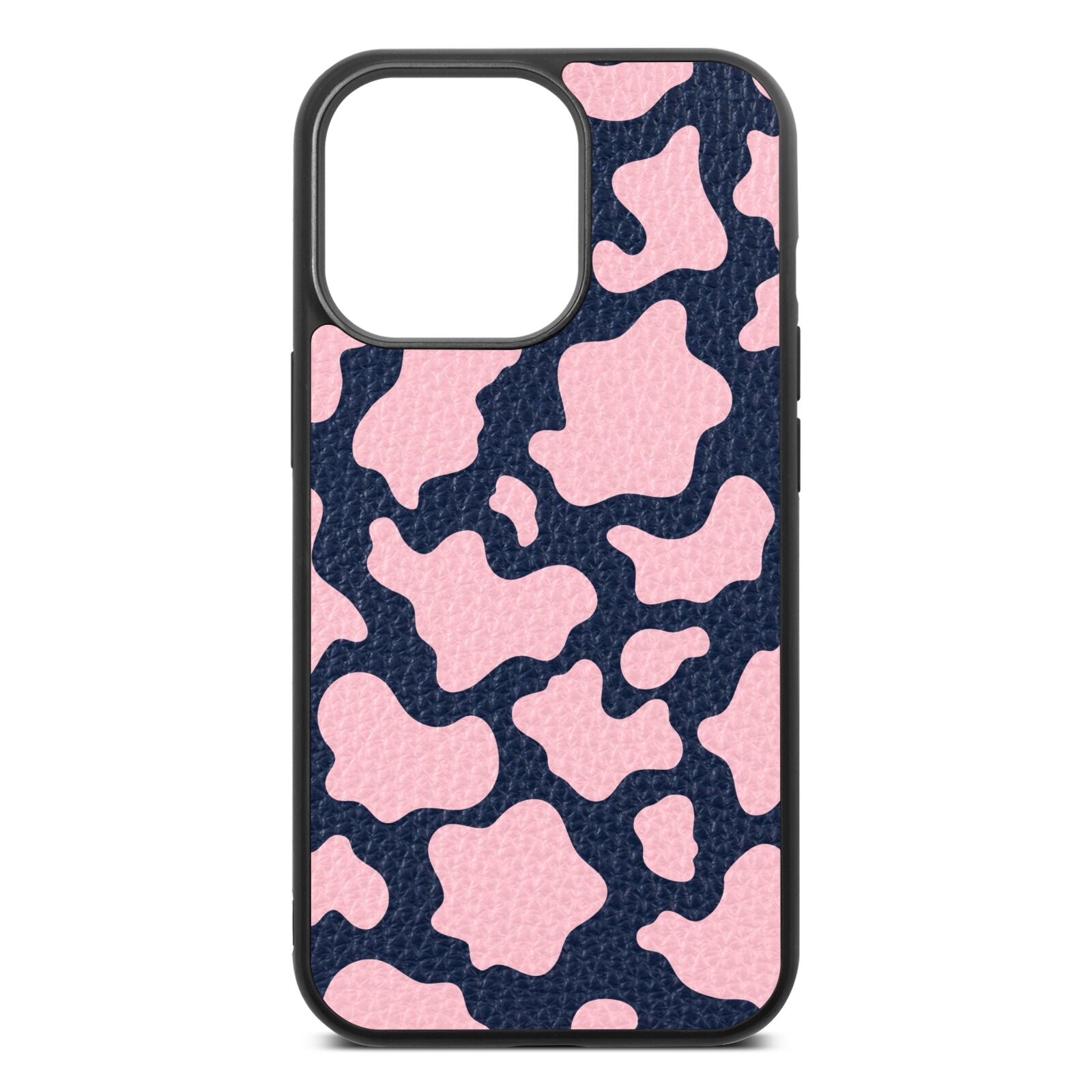 Pink Cow Print Navy Blue Pebble Leather iPhone 13 Pro Case