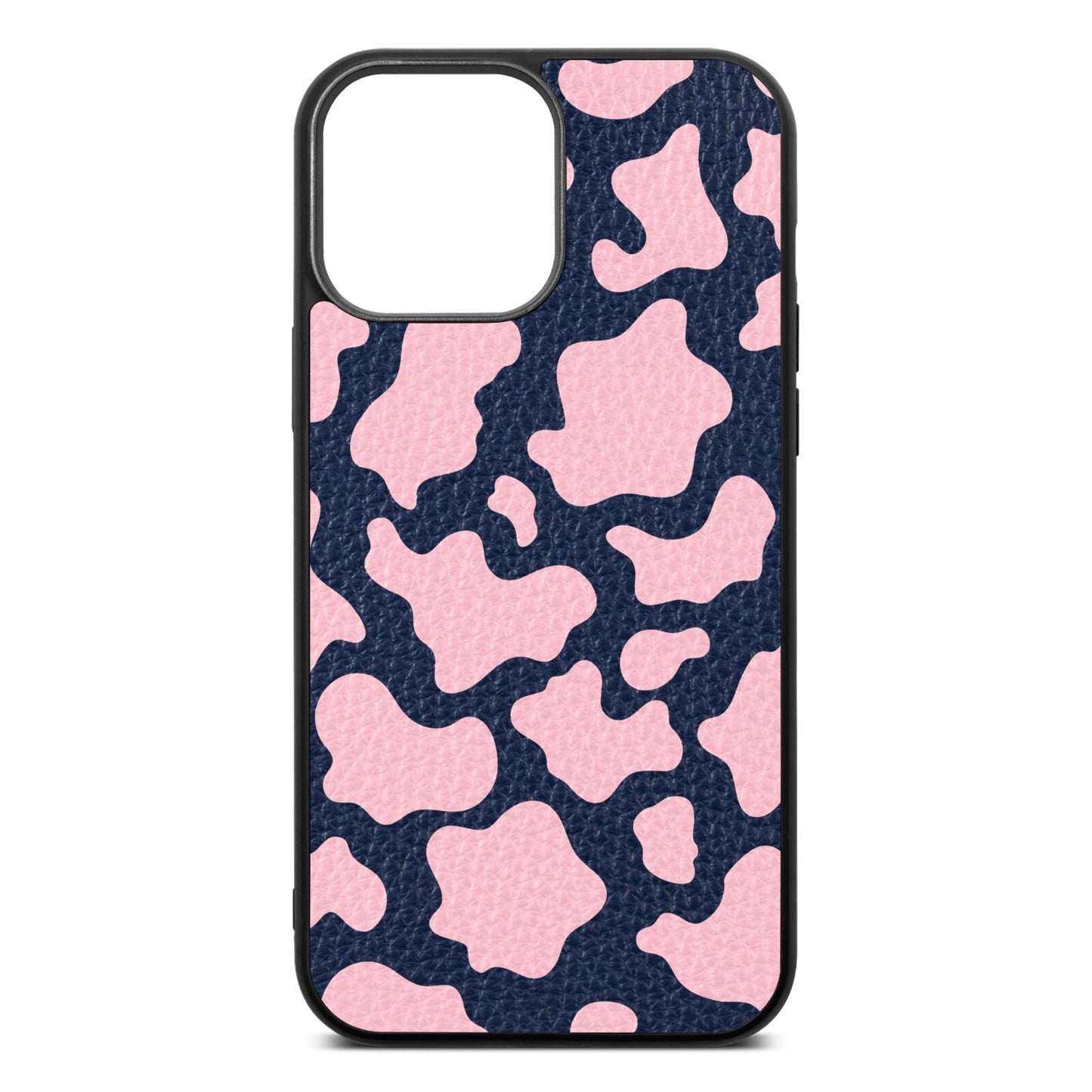 Pink Cow Print Navy Blue Pebble Leather iPhone 13 Pro Max Case