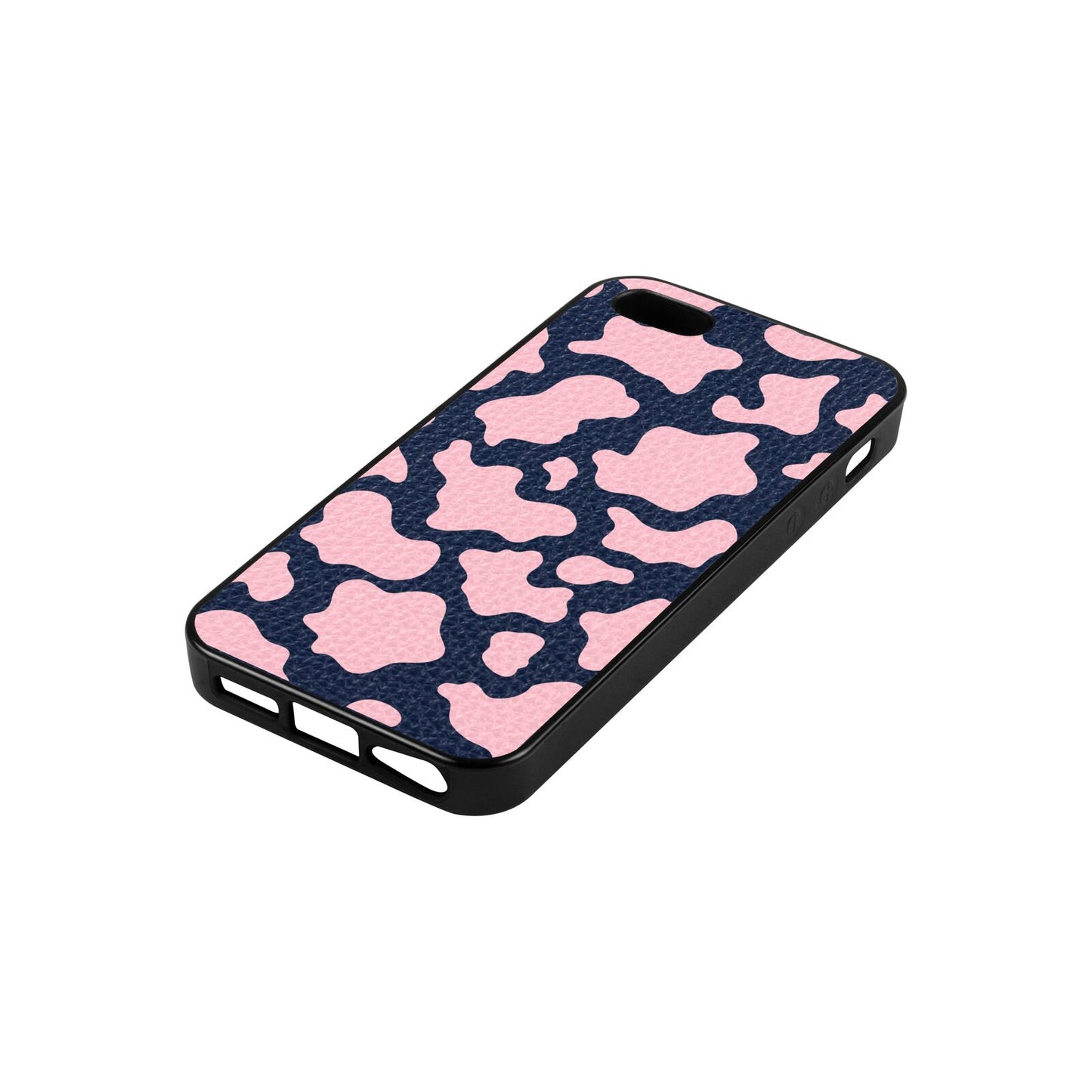 Pink Cow Print Navy Blue Pebble Leather iPhone 5 Case Side Angle