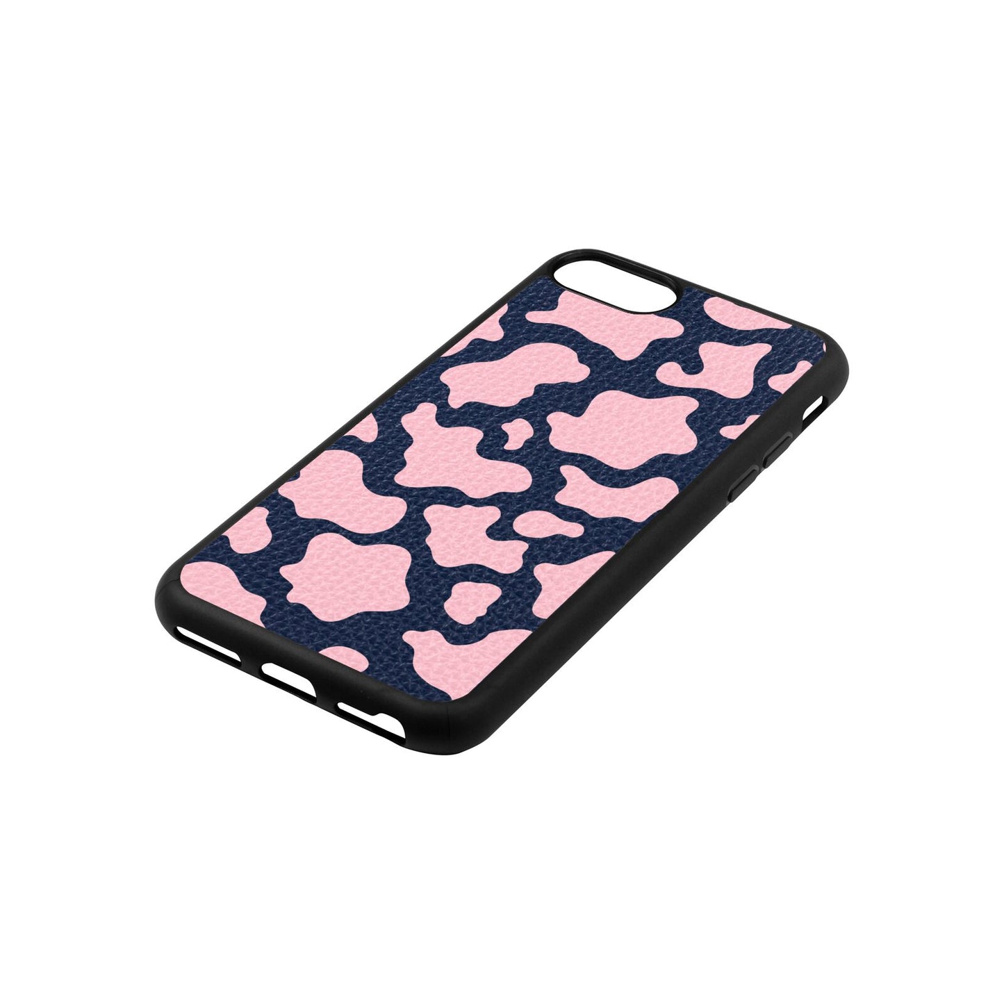 Pink Cow Print Navy Blue Pebble Leather iPhone 8 Case Side Angle