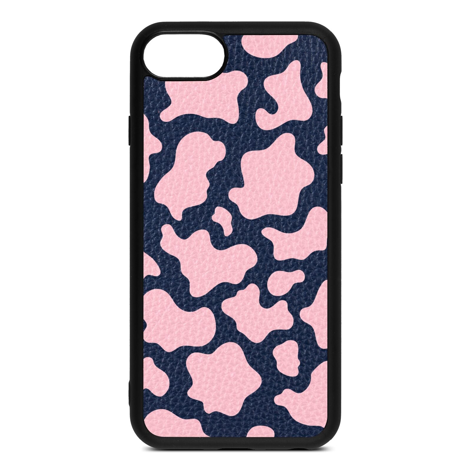 Pink Cow Print Navy Blue Pebble Leather iPhone 8 Case