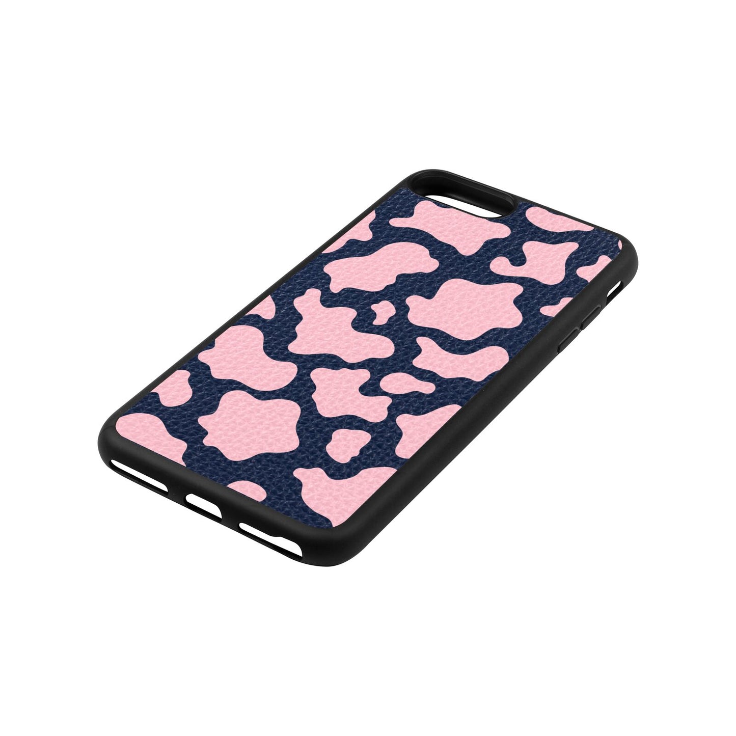 Pink Cow Print Navy Blue Pebble Leather iPhone 8 Plus Case Side Angle