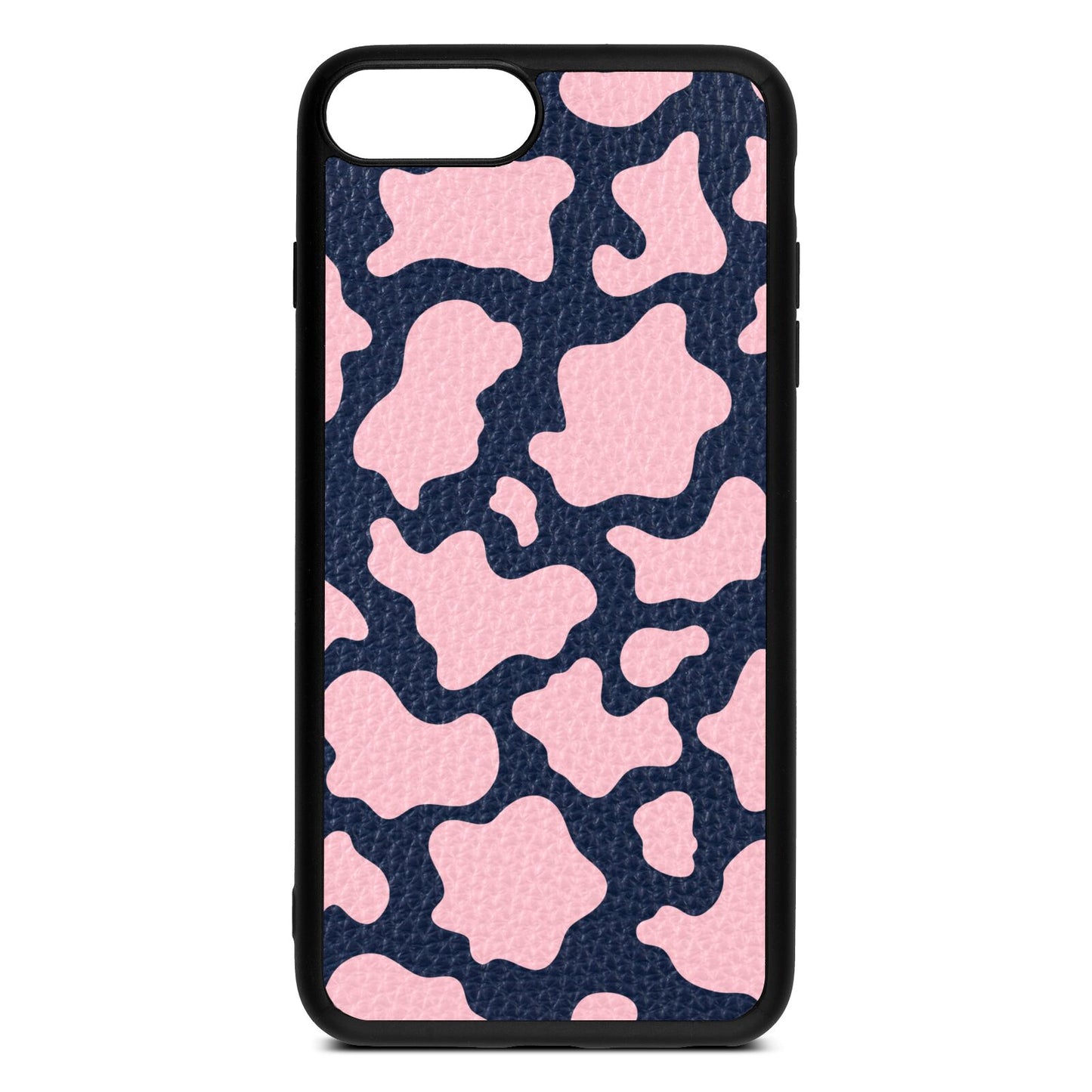 Pink Cow Print Navy Blue Pebble Leather iPhone 8 Plus Case