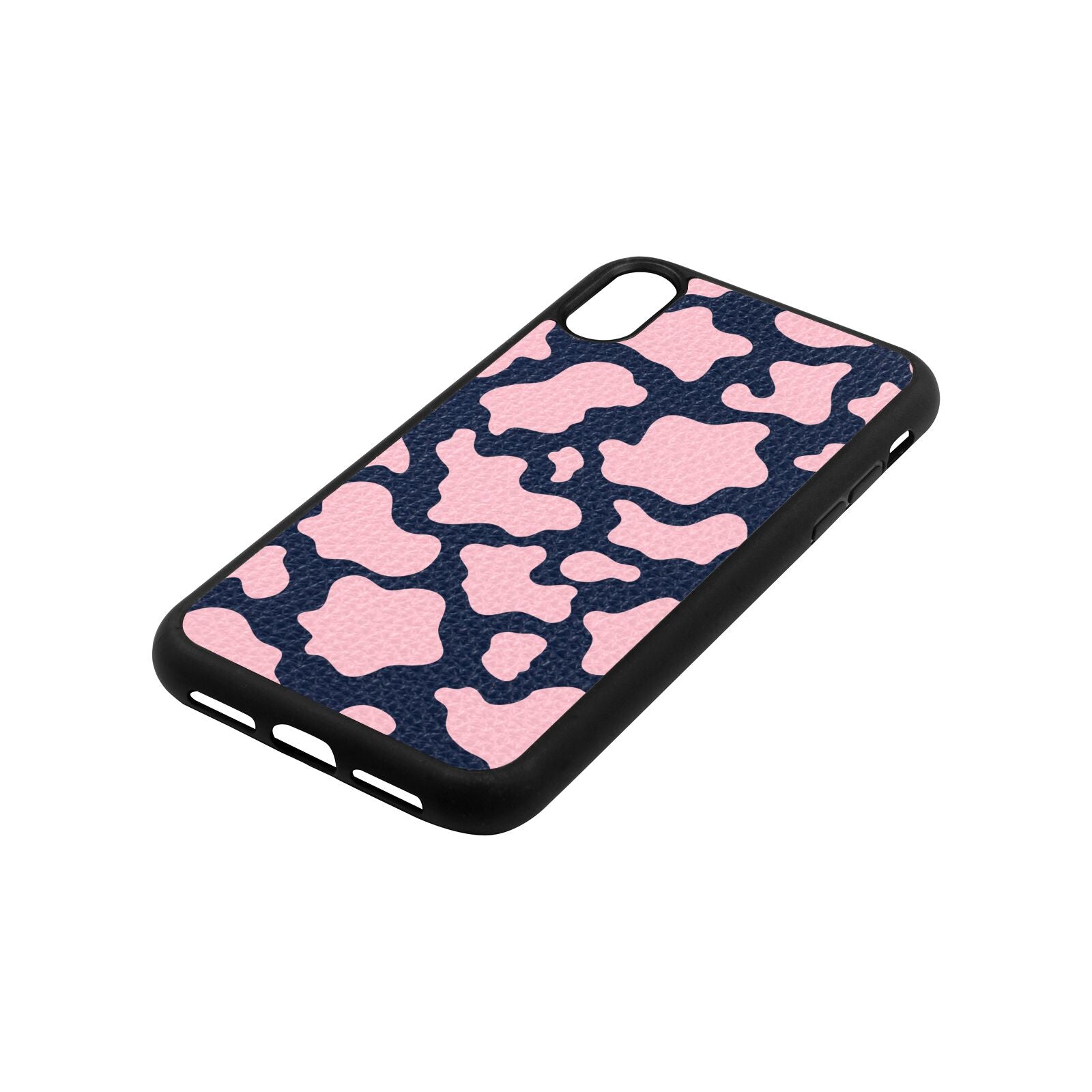 Pink Cow Print Navy Blue Pebble Leather iPhone Xr Case Side Angle