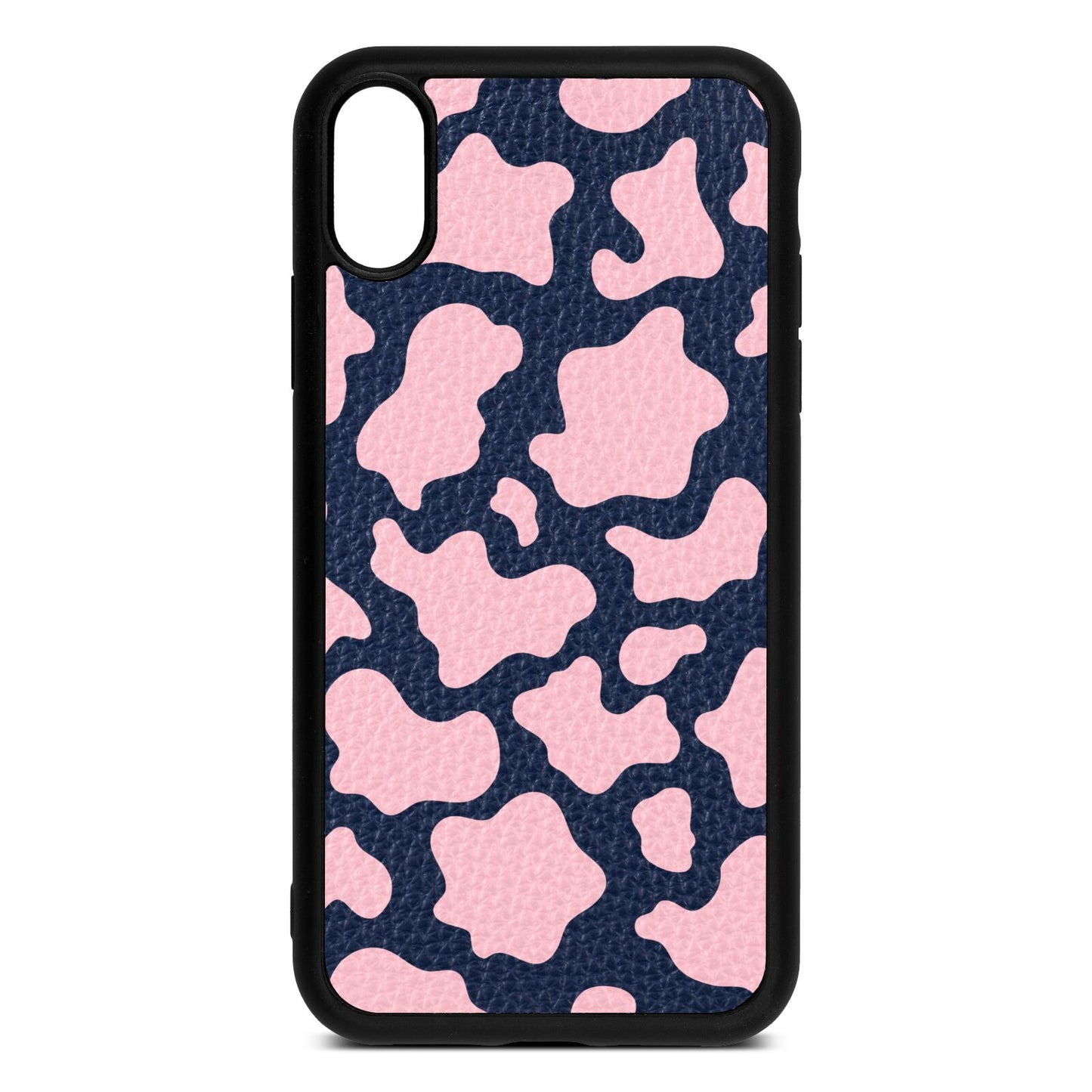 Pink Cow Print Navy Blue Pebble Leather iPhone Xr Case