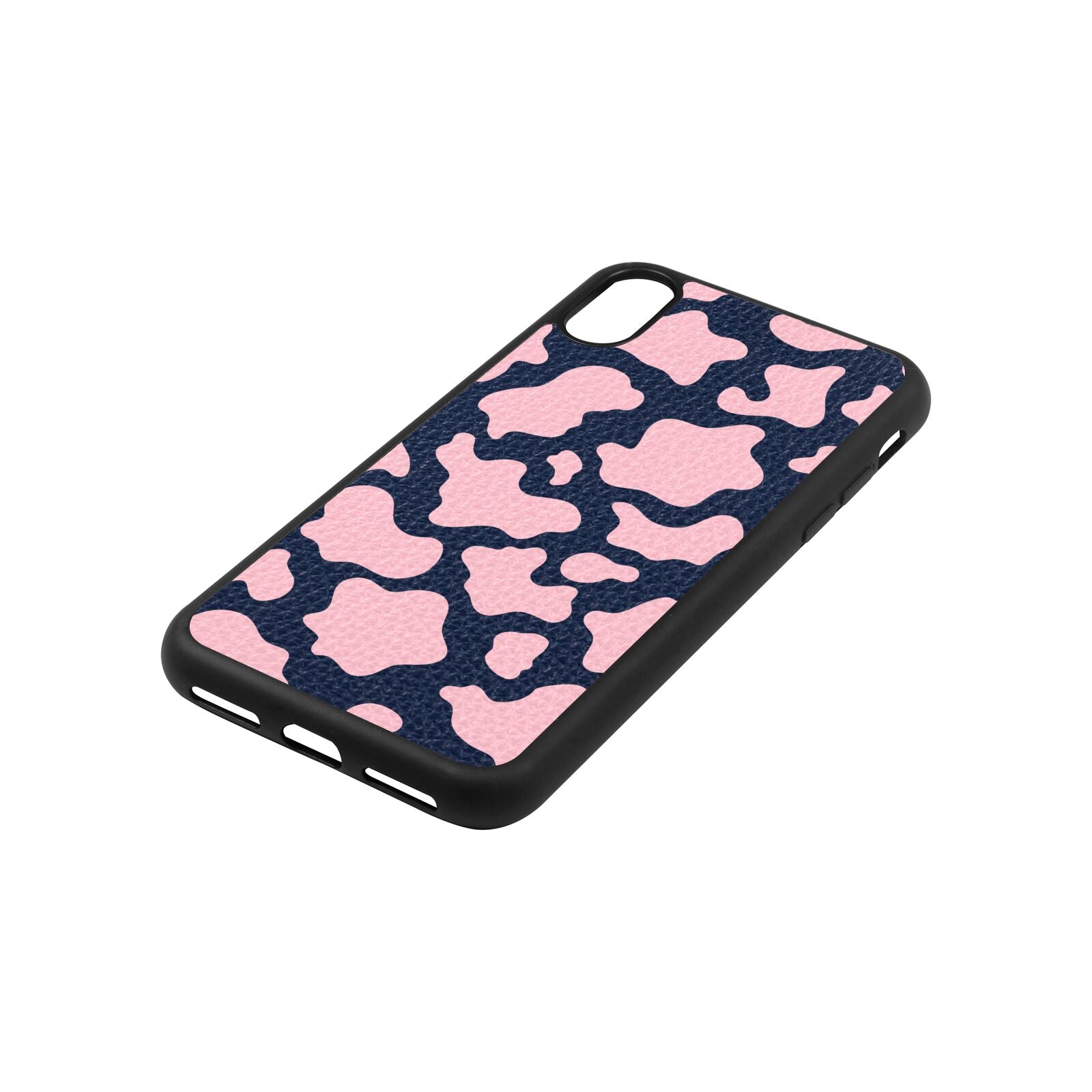 Pink Cow Print Navy Blue Pebble Leather iPhone Xs Case Side Image