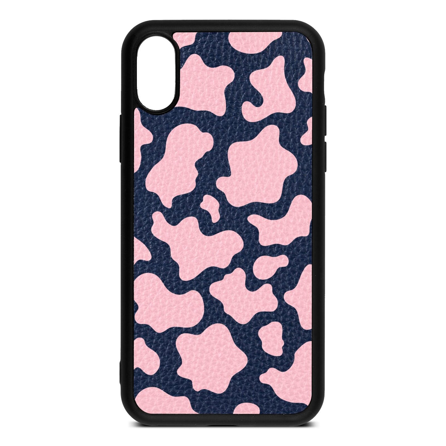 Pink Cow Print Navy Blue Pebble Leather iPhone Xs Case