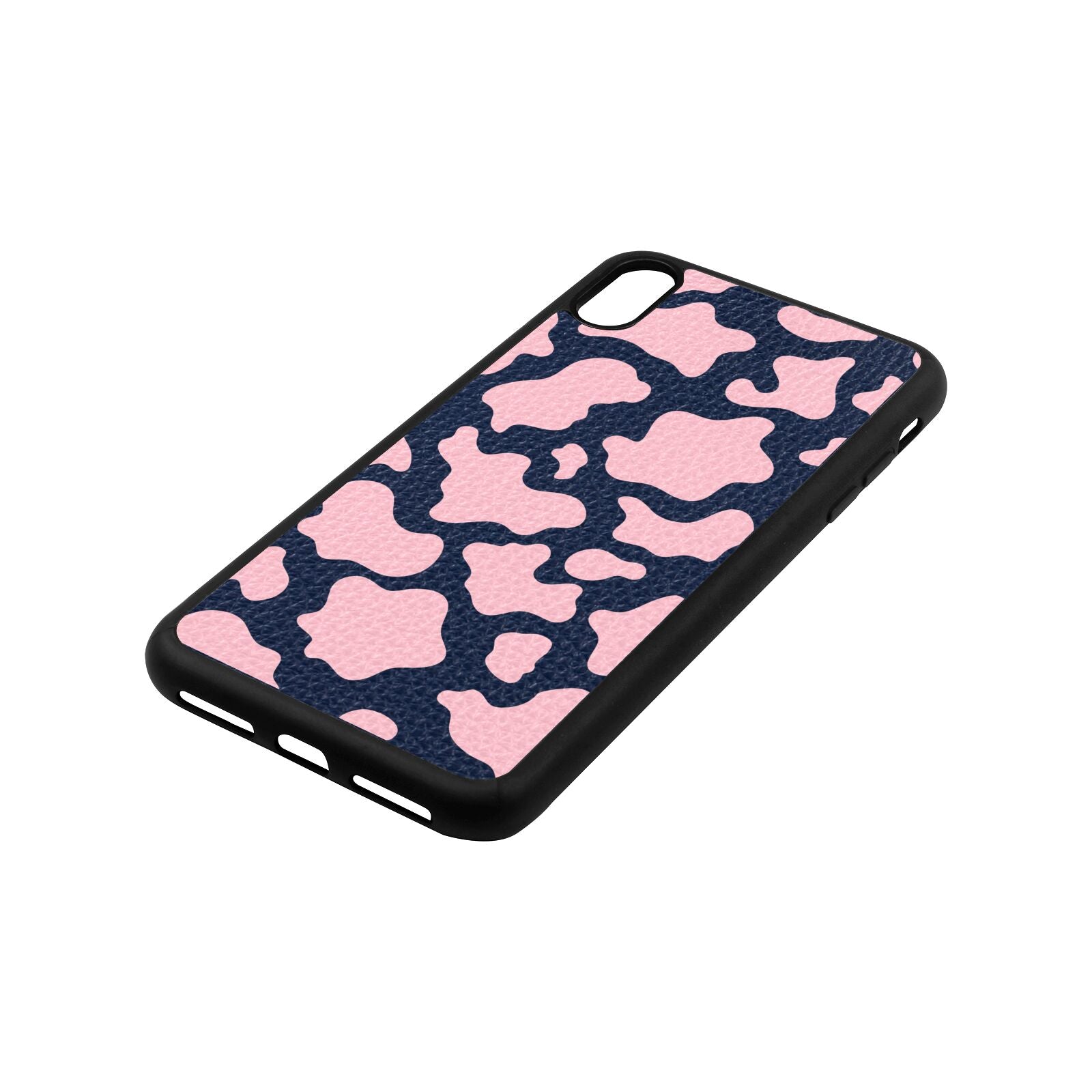 Pink Cow Print Navy Blue Pebble Leather iPhone Xs Max Case Side Image