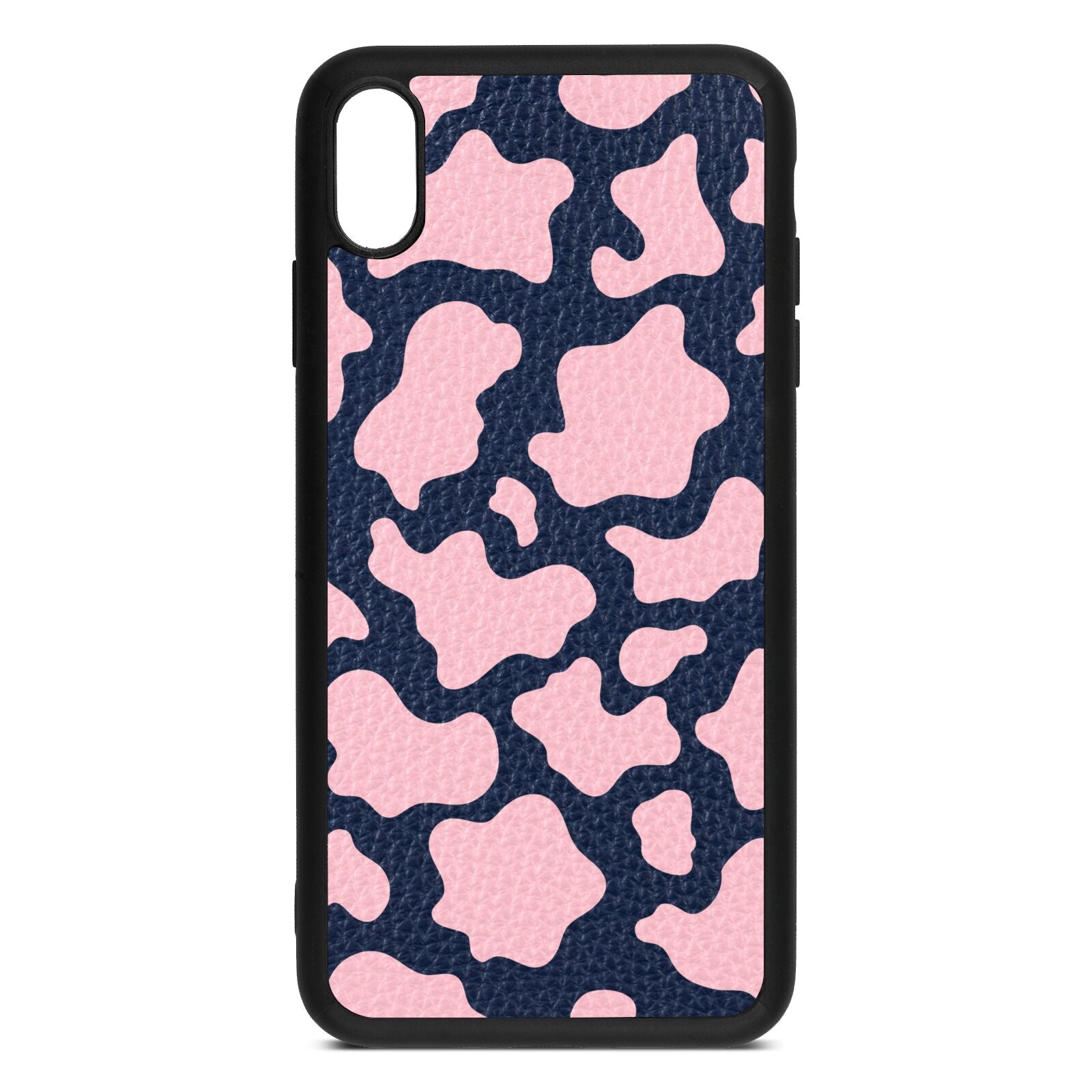 Pink Cow Print Navy Blue Pebble Leather iPhone Xs Max Case