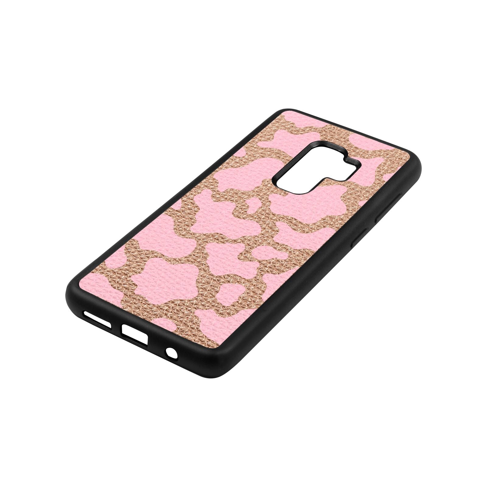 Pink Cow Print Rose Gold Pebble Leather Samsung S9 Plus Case Side Angle