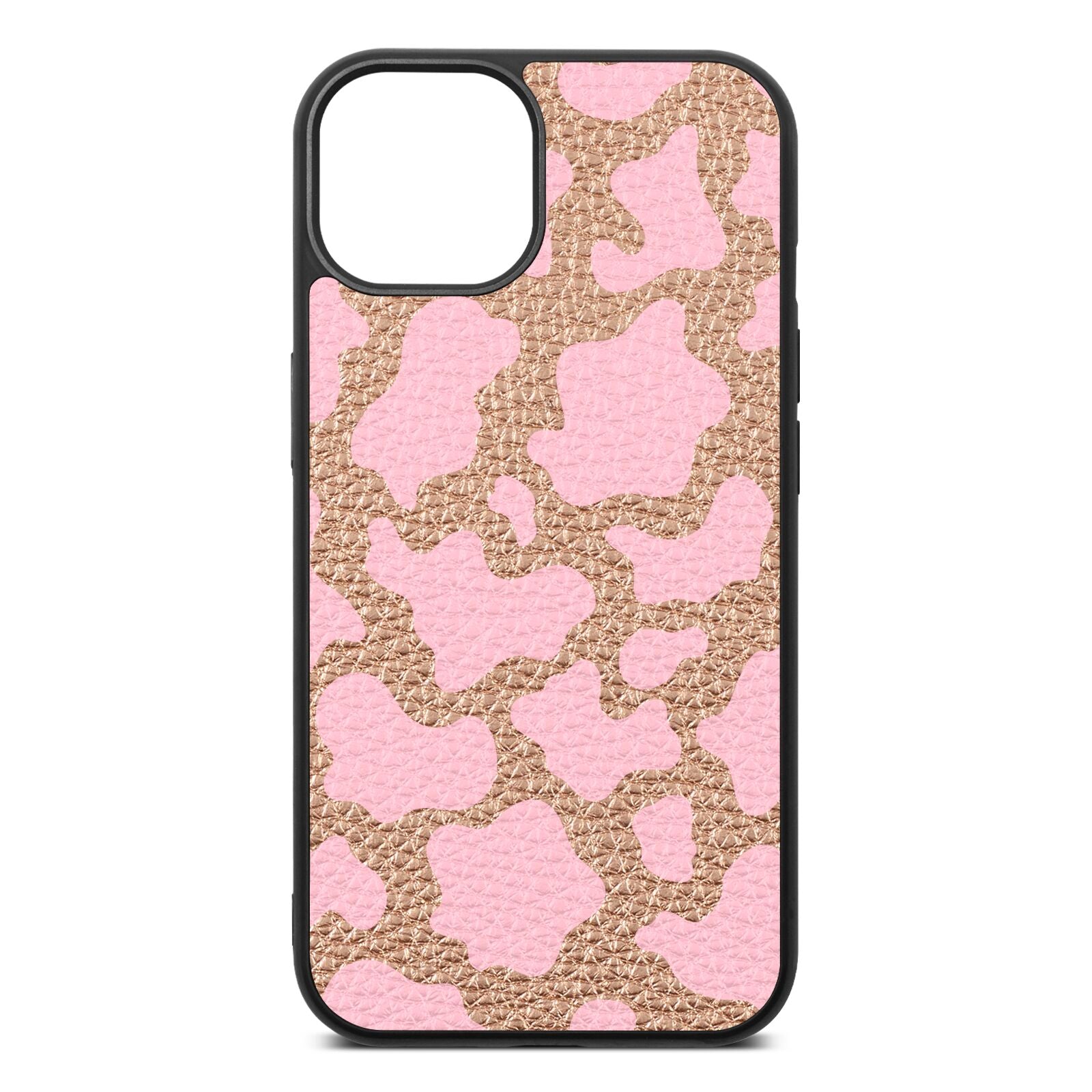 Pink Cow Print Rose Gold Pebble Leather iPhone 13 Case