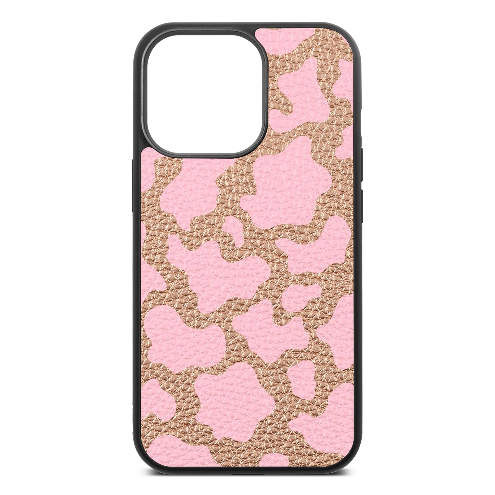 Pink Cow Print Rose Gold Pebble Leather iPhone 13 Pro Case