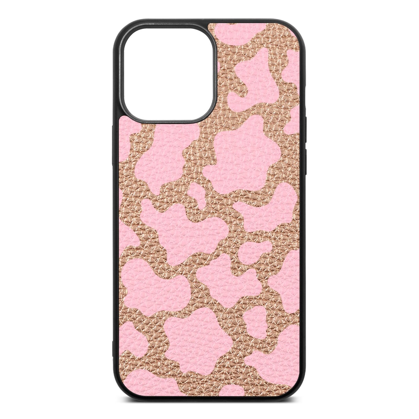 Pink Cow Print Rose Gold Pebble Leather iPhone 13 Pro Max Case