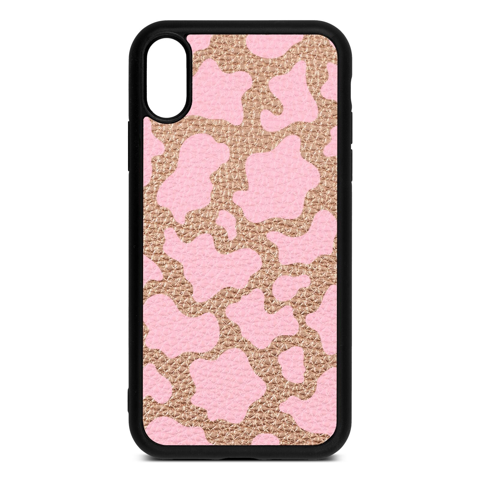 Pink Cow Print Rose Gold Pebble Leather iPhone Xr Case