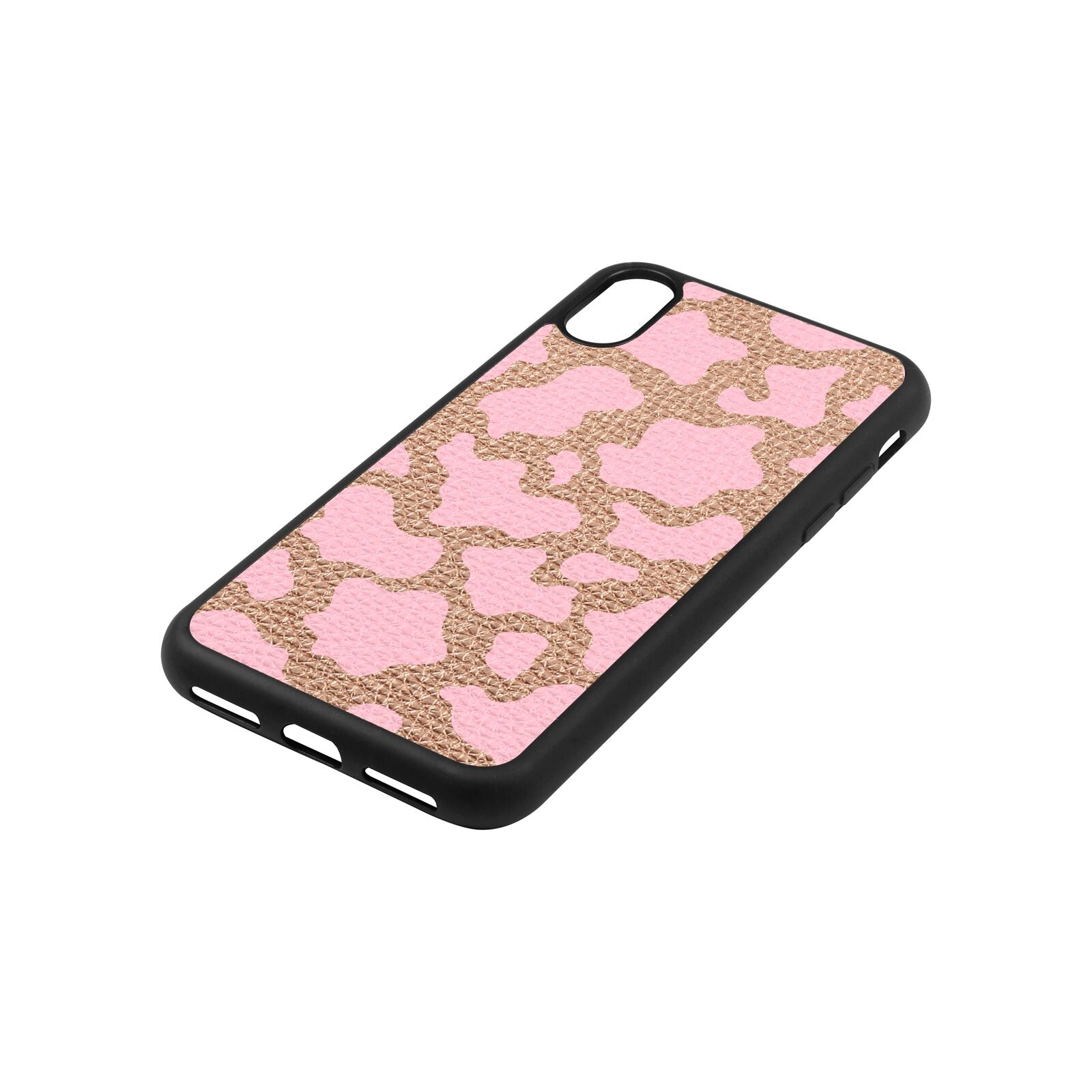 Pink Cow Print Rose Gold Pebble Leather iPhone Xs Case Side Angle