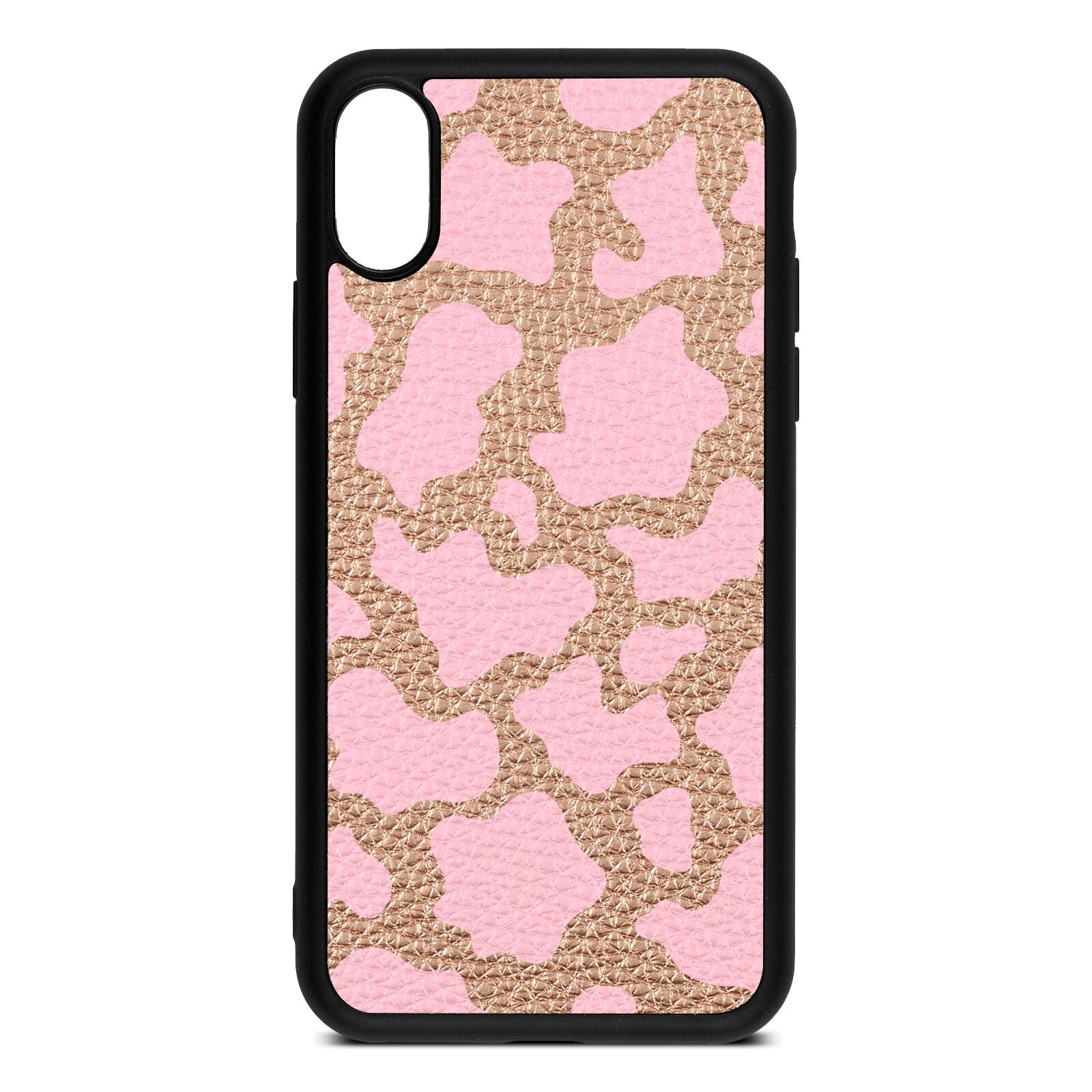 Pink Cow Print Rose Gold Pebble Leather iPhone Xs Case