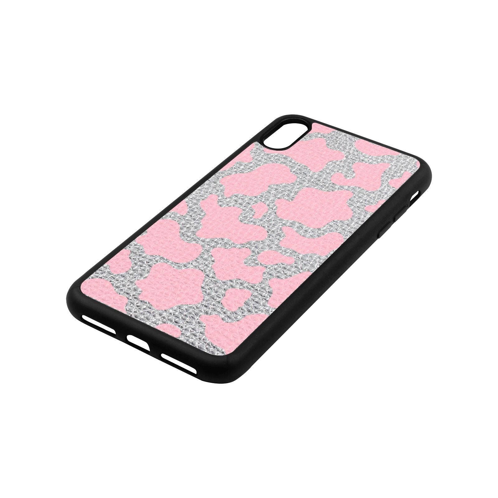 Pink Cow Print Silver Gold Pebble Leather iPhone Xs Max Case Side Angle