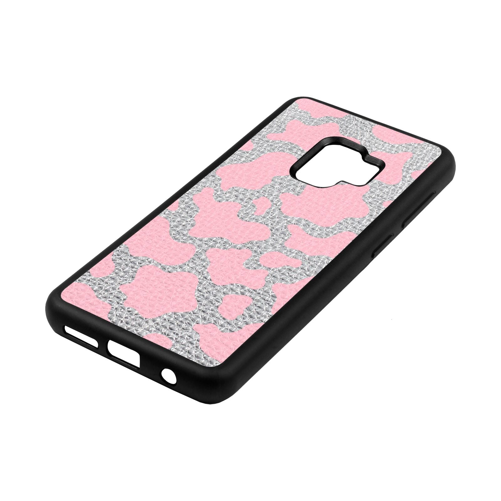 Pink Cow Print Silver Pebble Leather Samsung S9 Case Side Angle