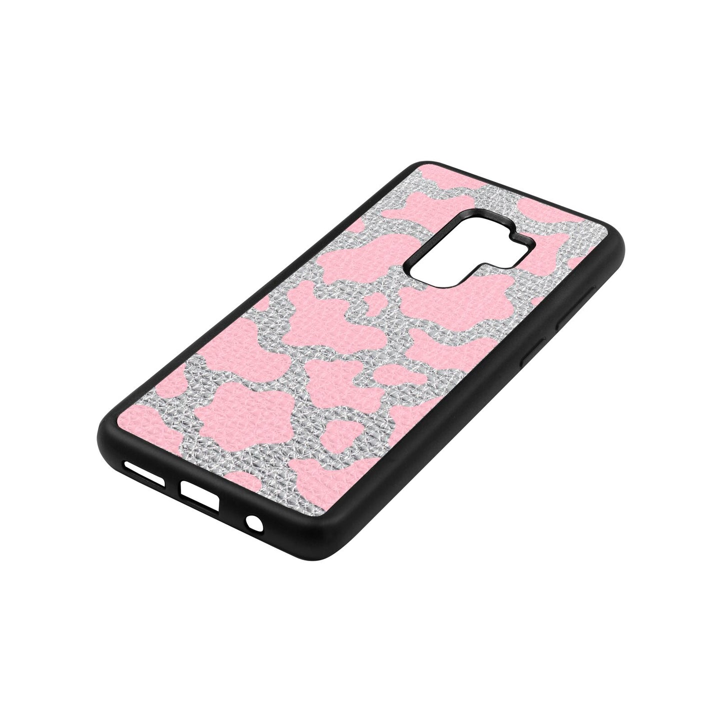 Pink Cow Print Silver Pebble Leather Samsung S9 Plus Case Side Angle