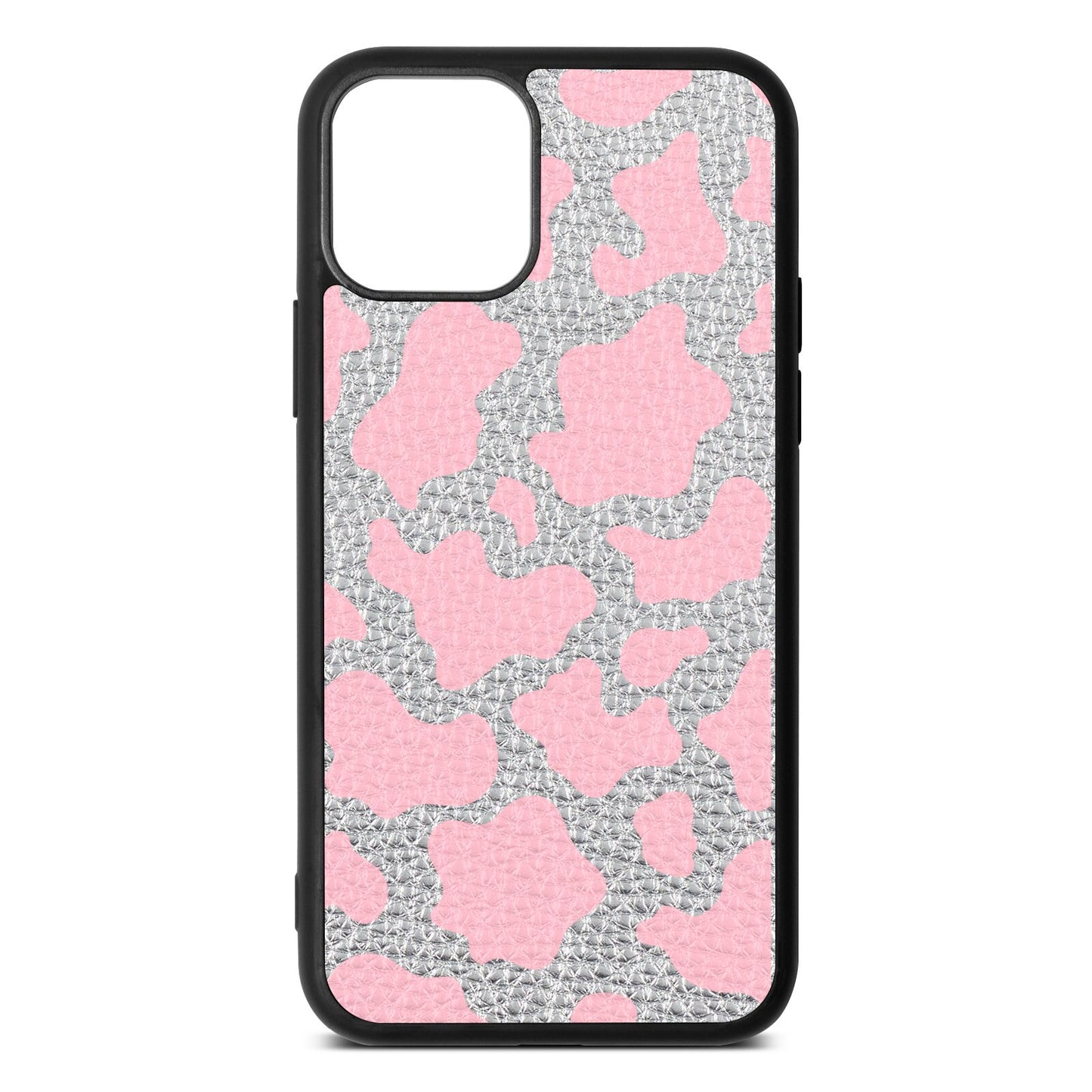 Pink Cow Print Silver Pebble Leather iPhone 11 Case