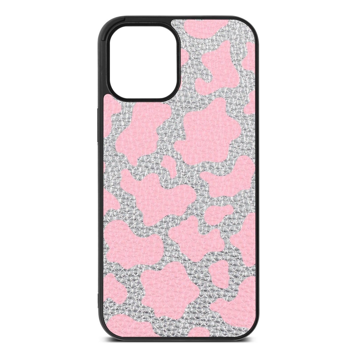 Pink Cow Print Silver Pebble Leather iPhone 12 Pro Max Case