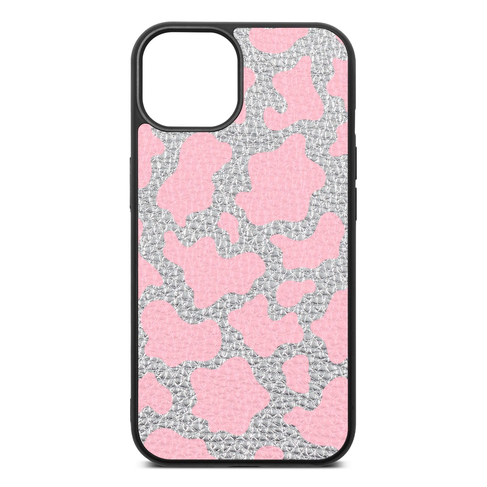 Pink Cow Print Silver Pebble Leather iPhone 13 Case