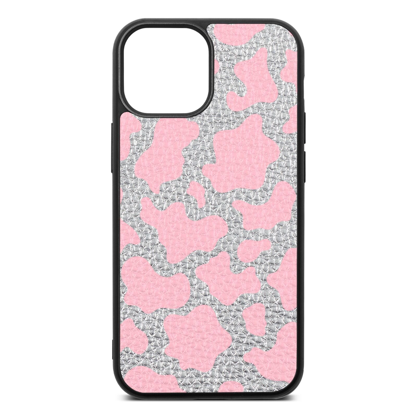 Pink Cow Print Silver Pebble Leather iPhone 13 Mini Case
