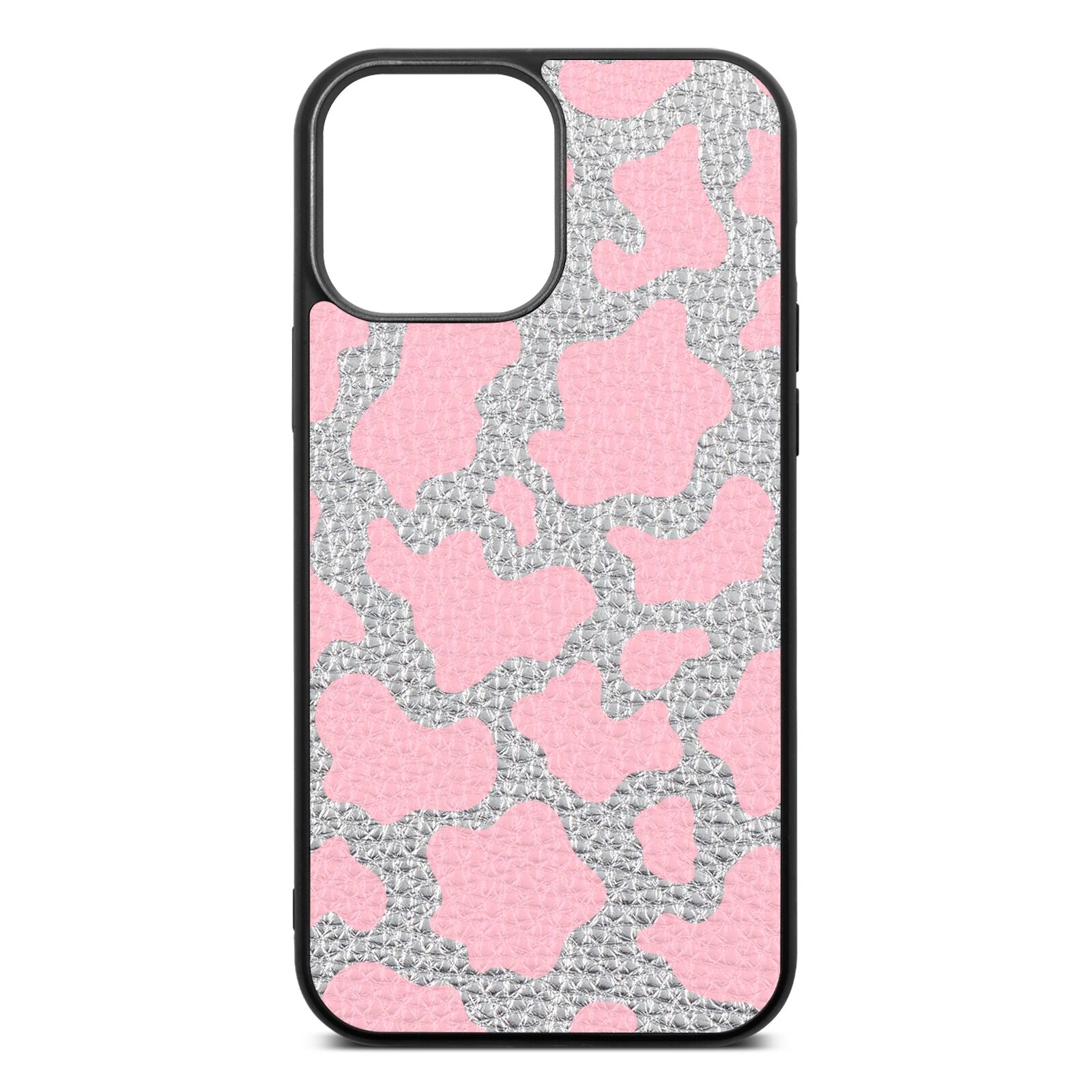 Pink Cow Print Silver Pebble Leather iPhone 13 Pro Max Case