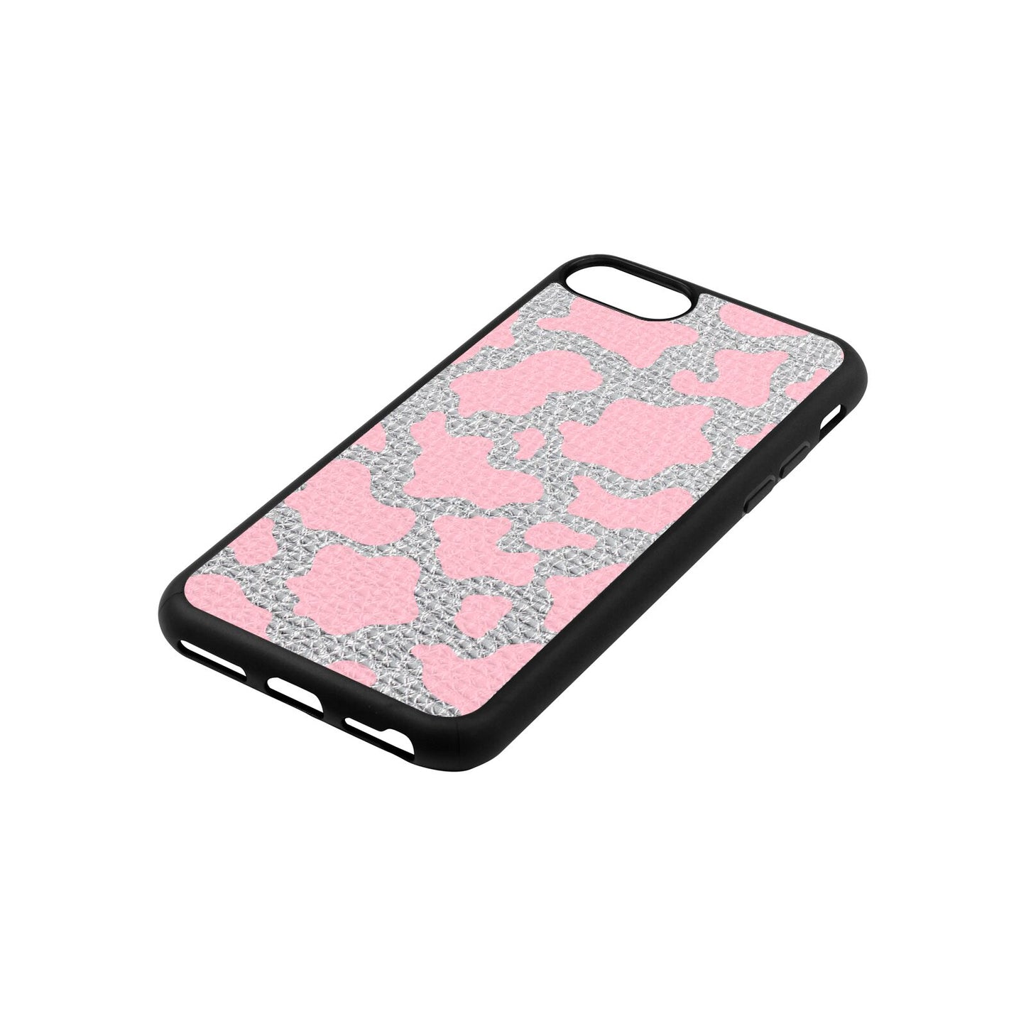 Pink Cow Print Silver Pebble Leather iPhone 8 Case Side Angle