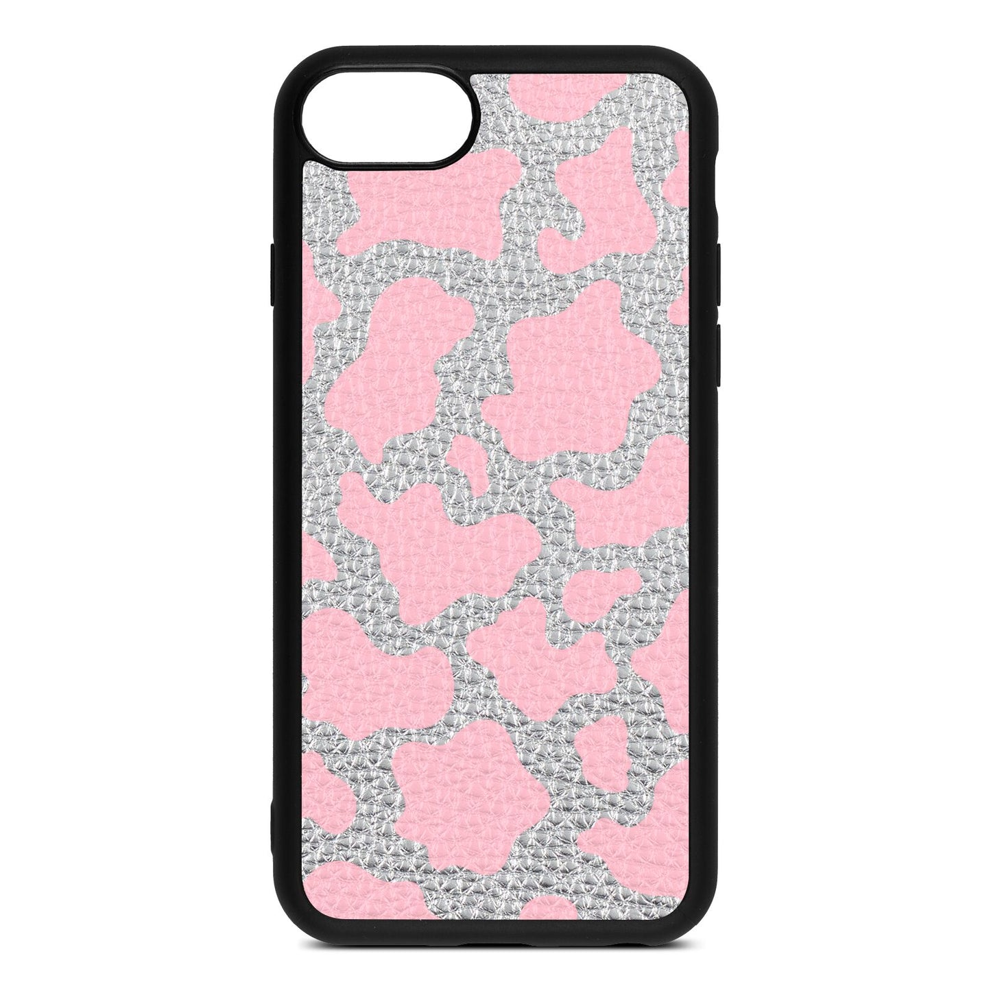 Pink Cow Print Silver Pebble Leather iPhone 8 Case
