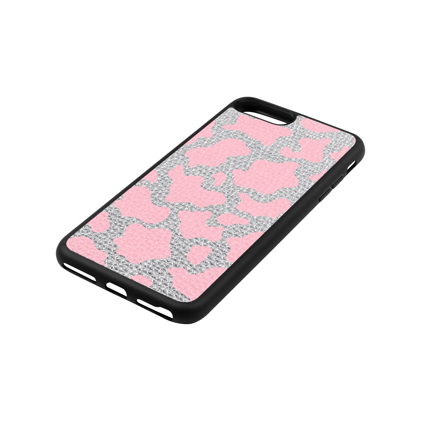 Pink Cow Print Silver Pebble Leather iPhone 8 Plus Case Side Angle
