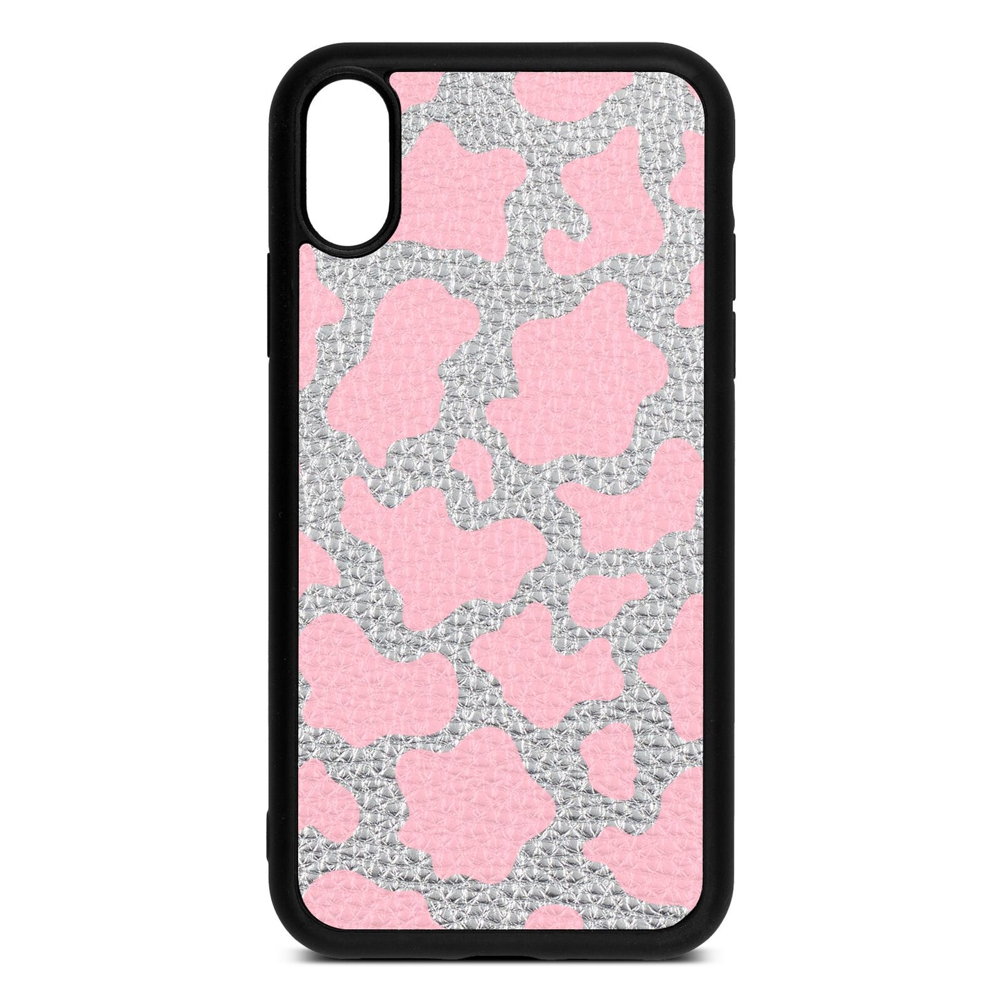 Pink Cow Print Silver Pebble Leather iPhone Xr Case