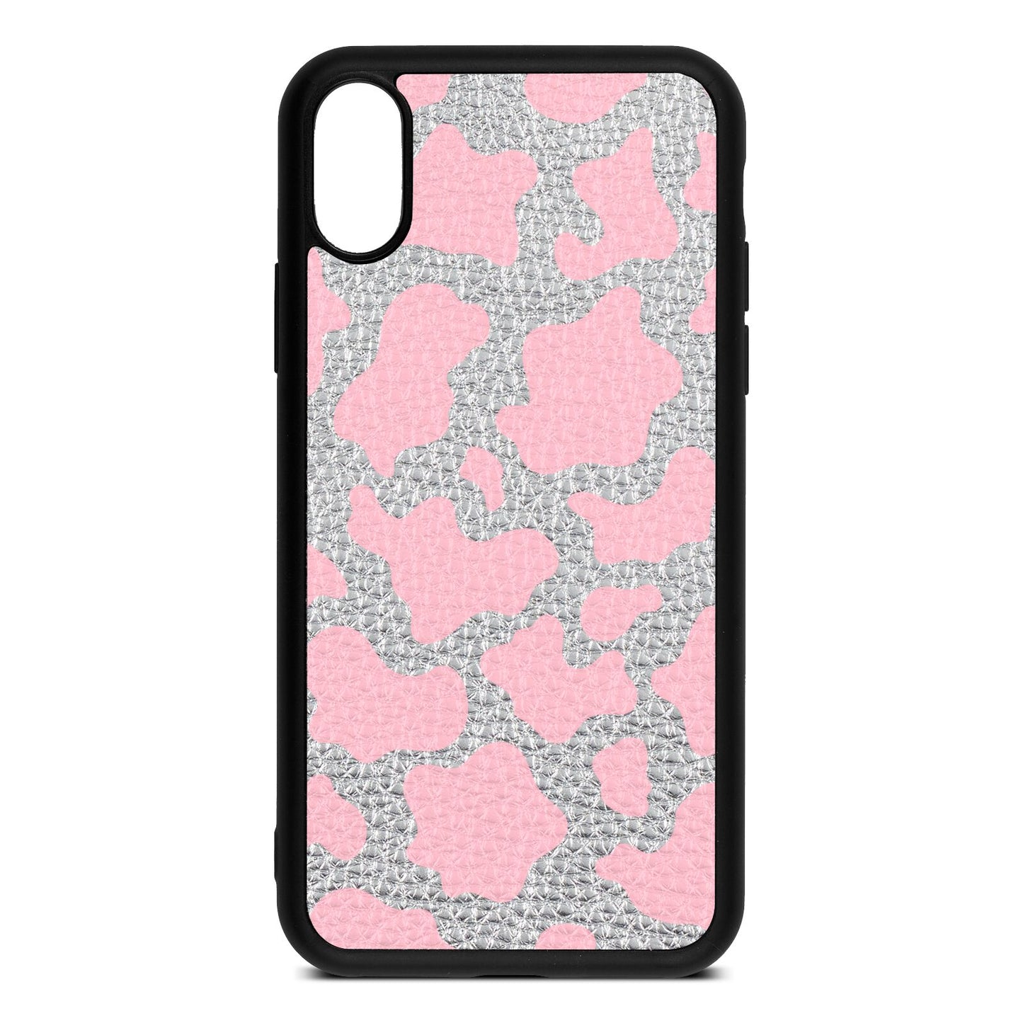 Pink Cow Print Silver Pebble Leather iPhone Xs Case
