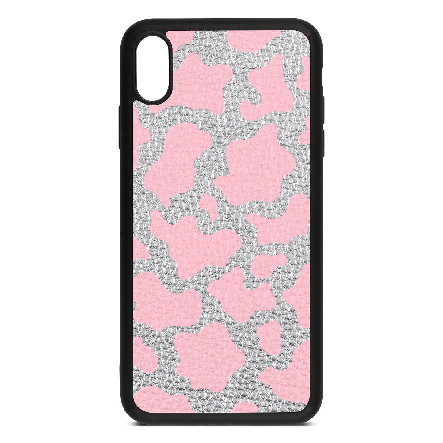 Pink Cow Print Silver Pebble Leather iPhone Xs Max Case