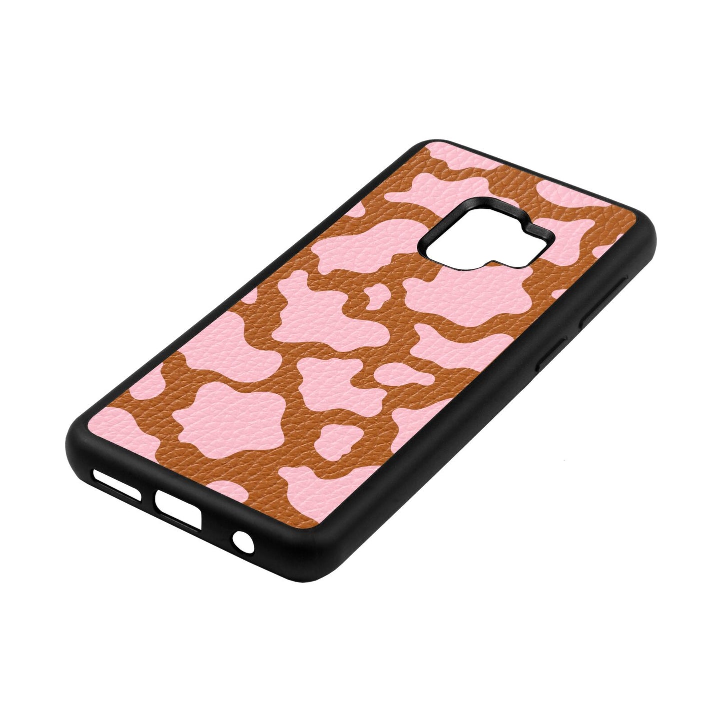 Pink Cow Print Tan Pebble Leather Samsung S9 Case Side Angle