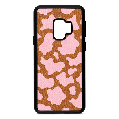 Pink Cow Print Tan Pebble Leather Samsung S9 Case