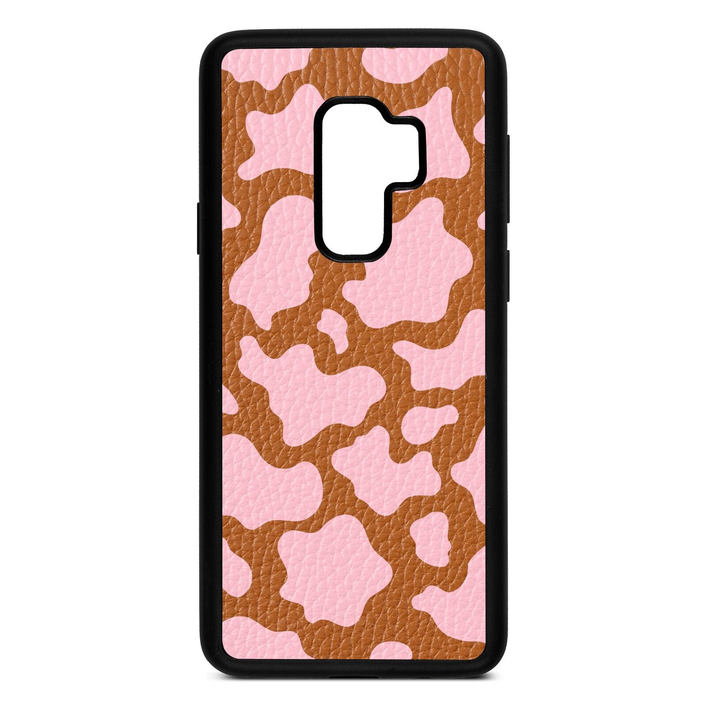 Pink Cow Print Tan Pebble Leather Samsung S9 Plus Case