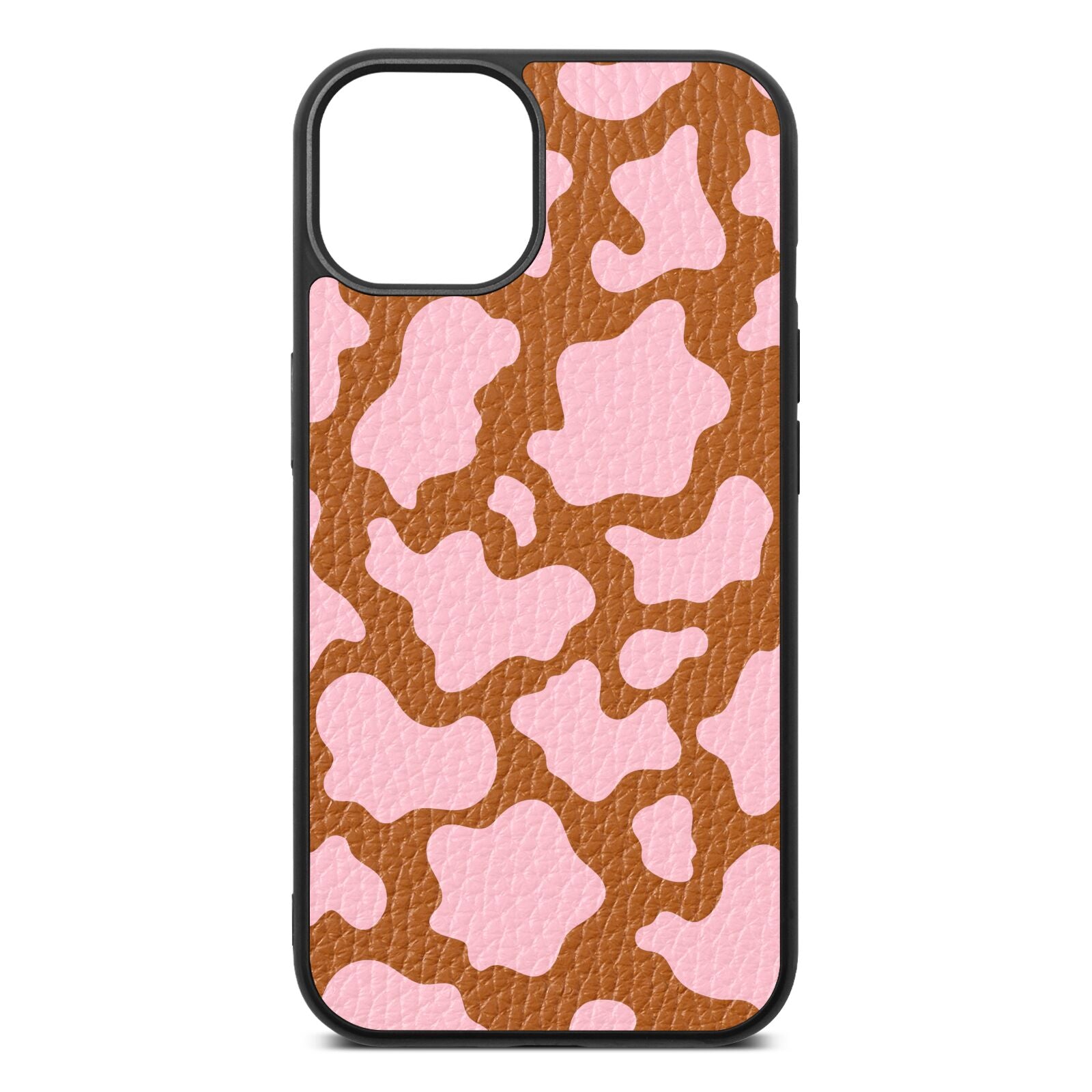 Pink Cow Print Tan Pebble Leather iPhone 13 Case