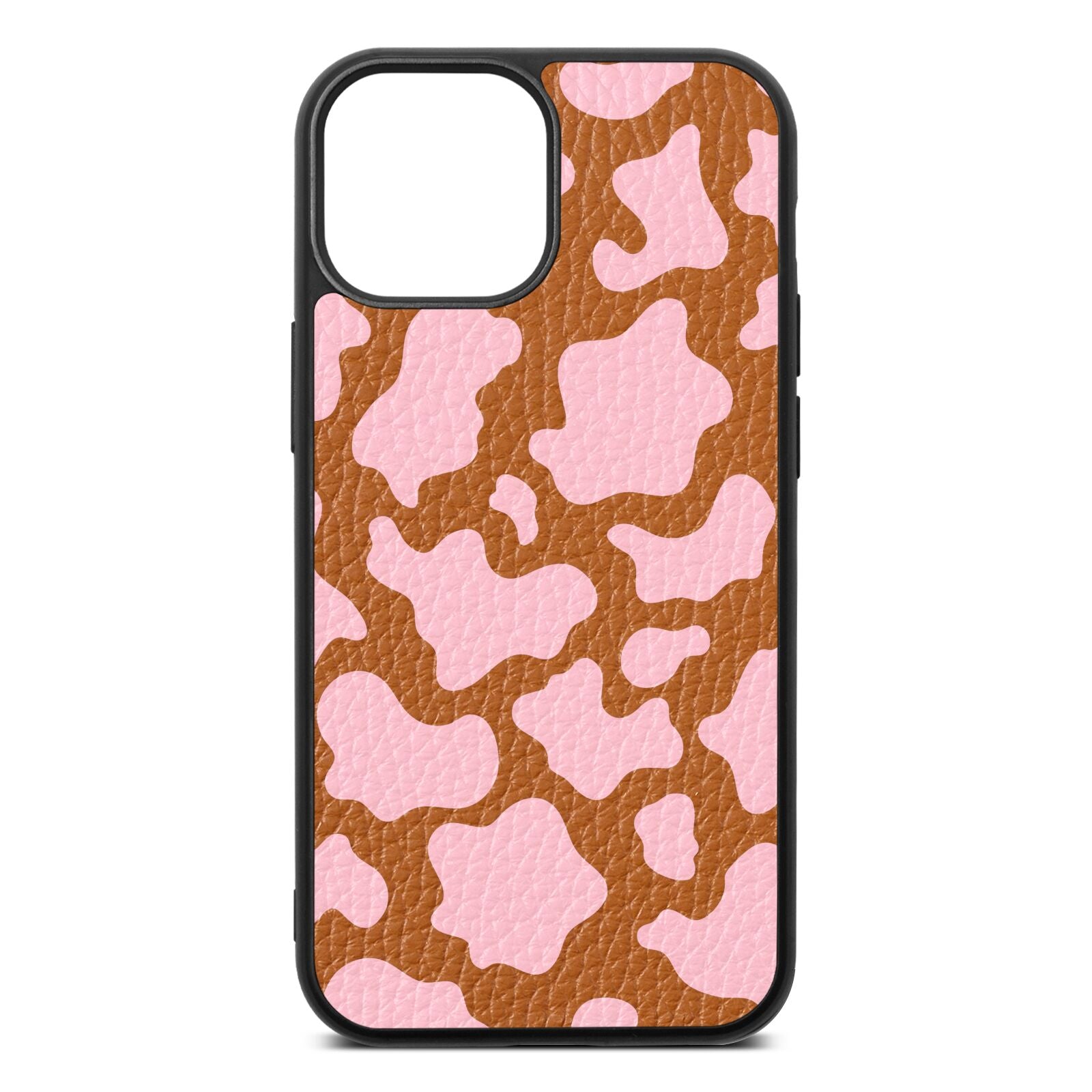 Pink Cow Print Tan Pebble Leather iPhone 13 Mini Case