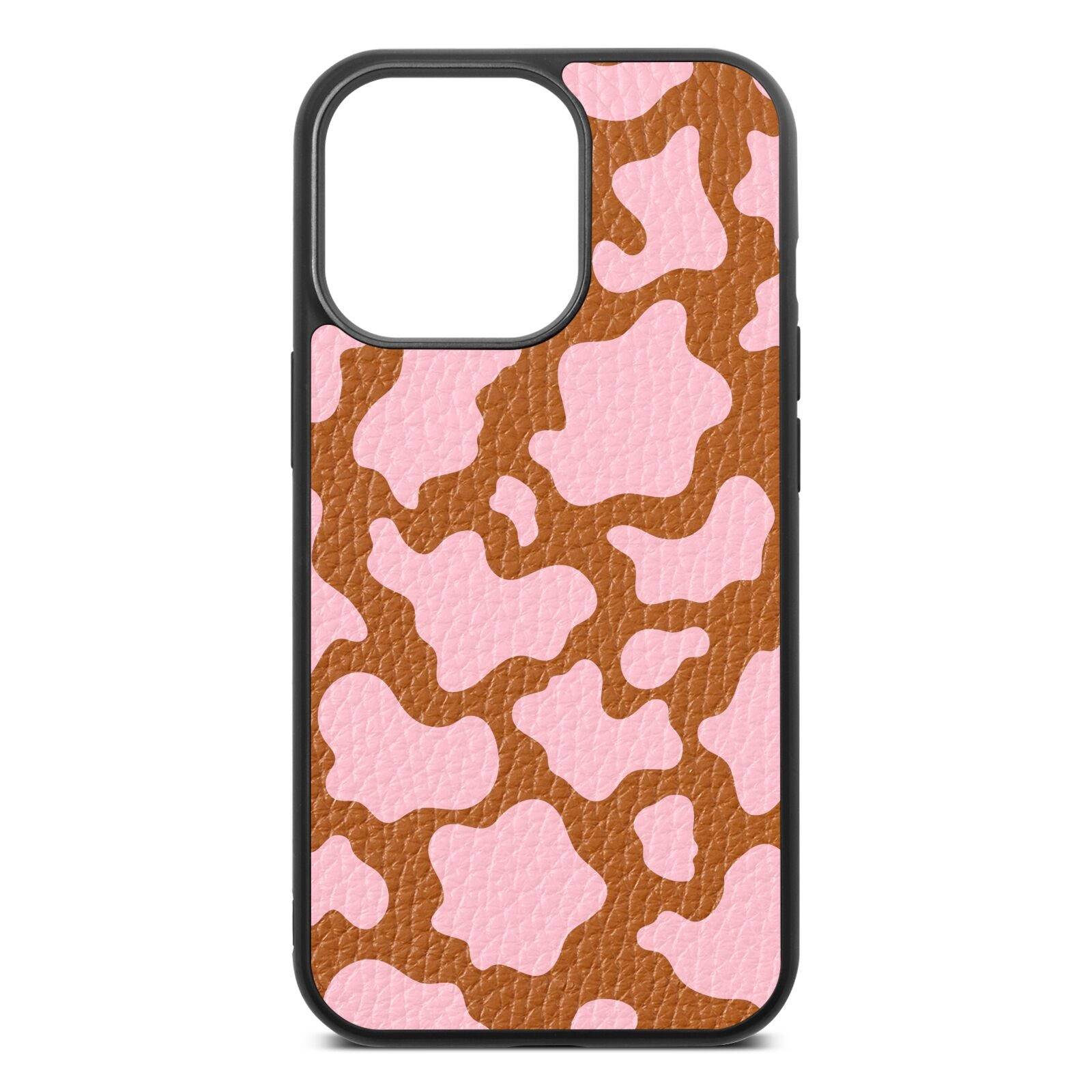 Pink Cow Print Tan Pebble Leather iPhone 13 Pro Case