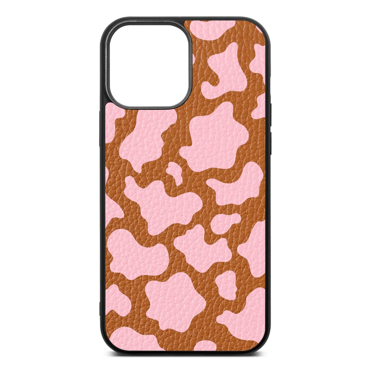 Pink Cow Print Tan Pebble Leather iPhone 13 Pro Max Case