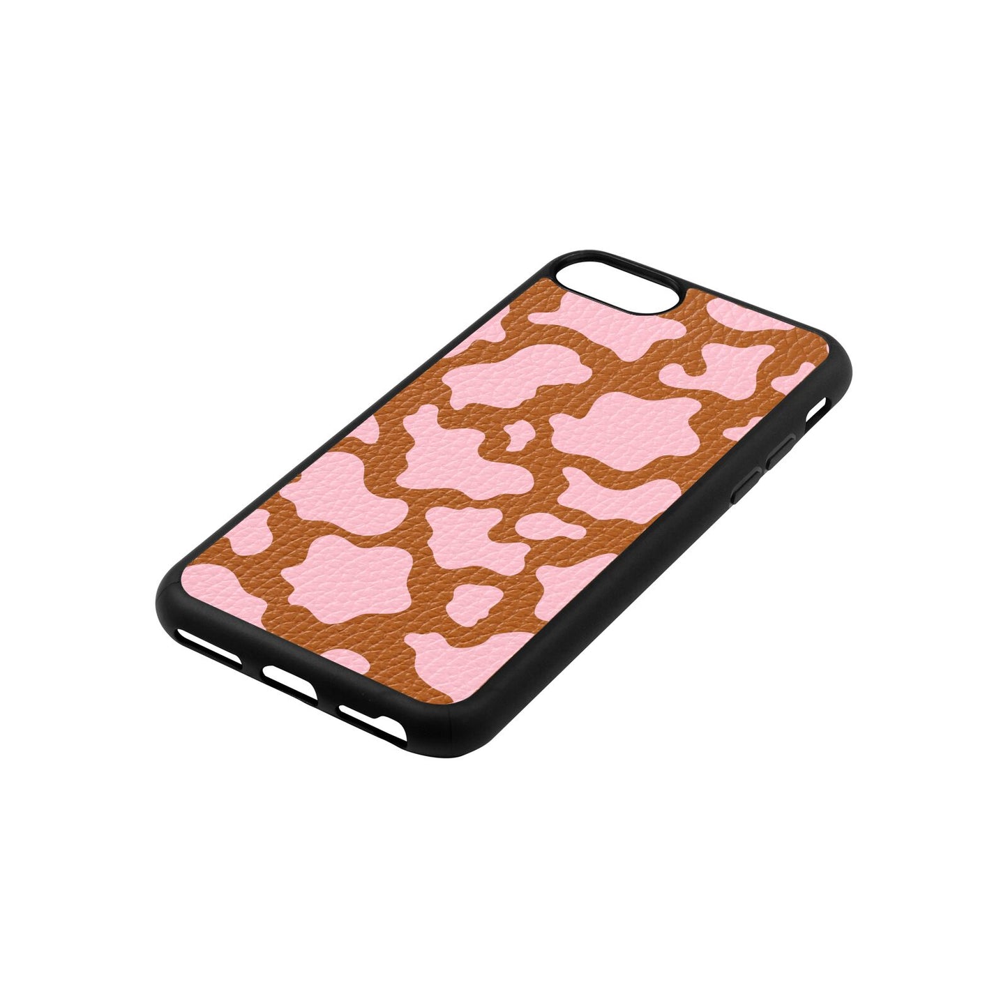 Pink Cow Print Tan Pebble Leather iPhone 8 Case Side Angle