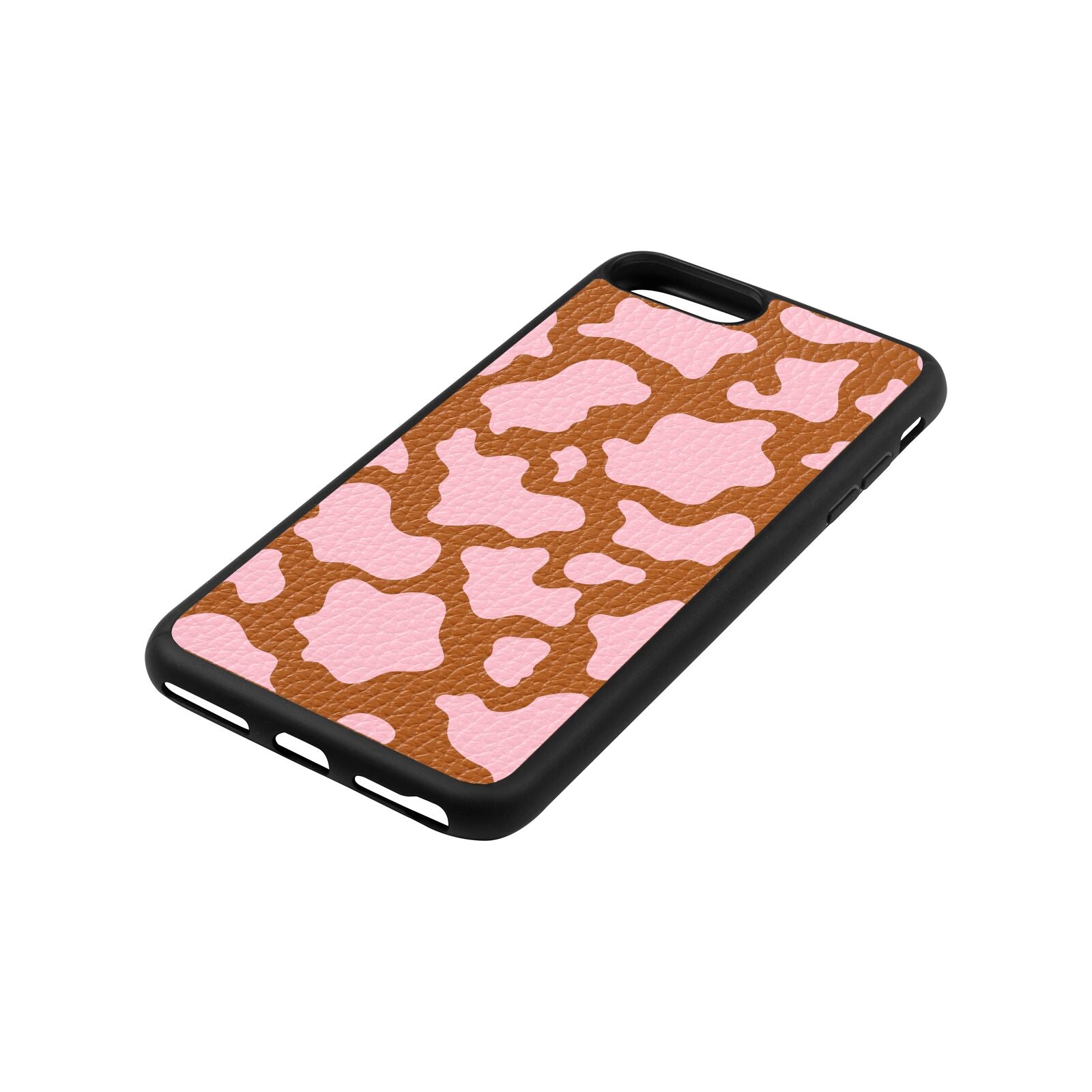 Pink Cow Print Tan Pebble Leather iPhone 8 Plus Case Side Angle